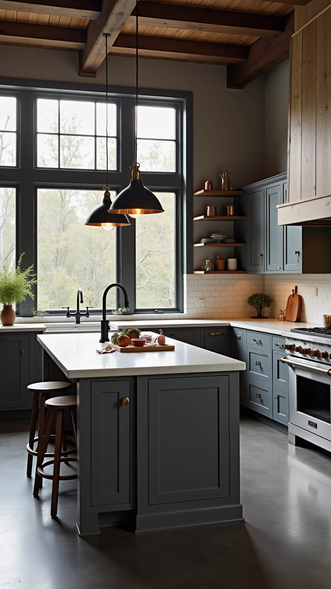 Bird's eye view of a spacious farmhouse kitchen with moody gray cabinets, central island, soapstone counters, double-height industrial windows, vintage stools, and copper cookware.
