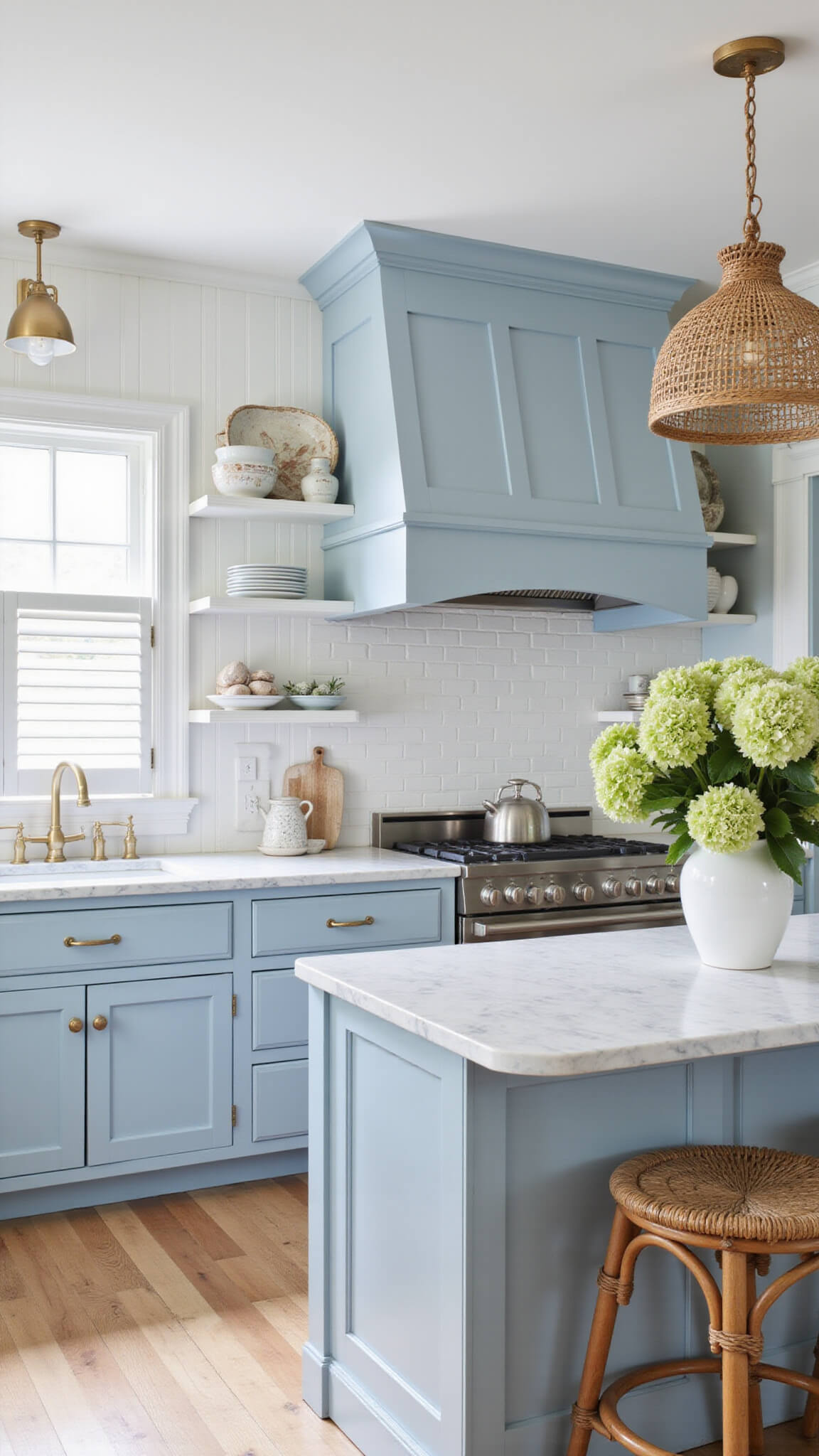 Coastal cottage kitchen with pale blue cabinets, marble countertops, rattan lights, and open shelving decorated with shells and pottery.