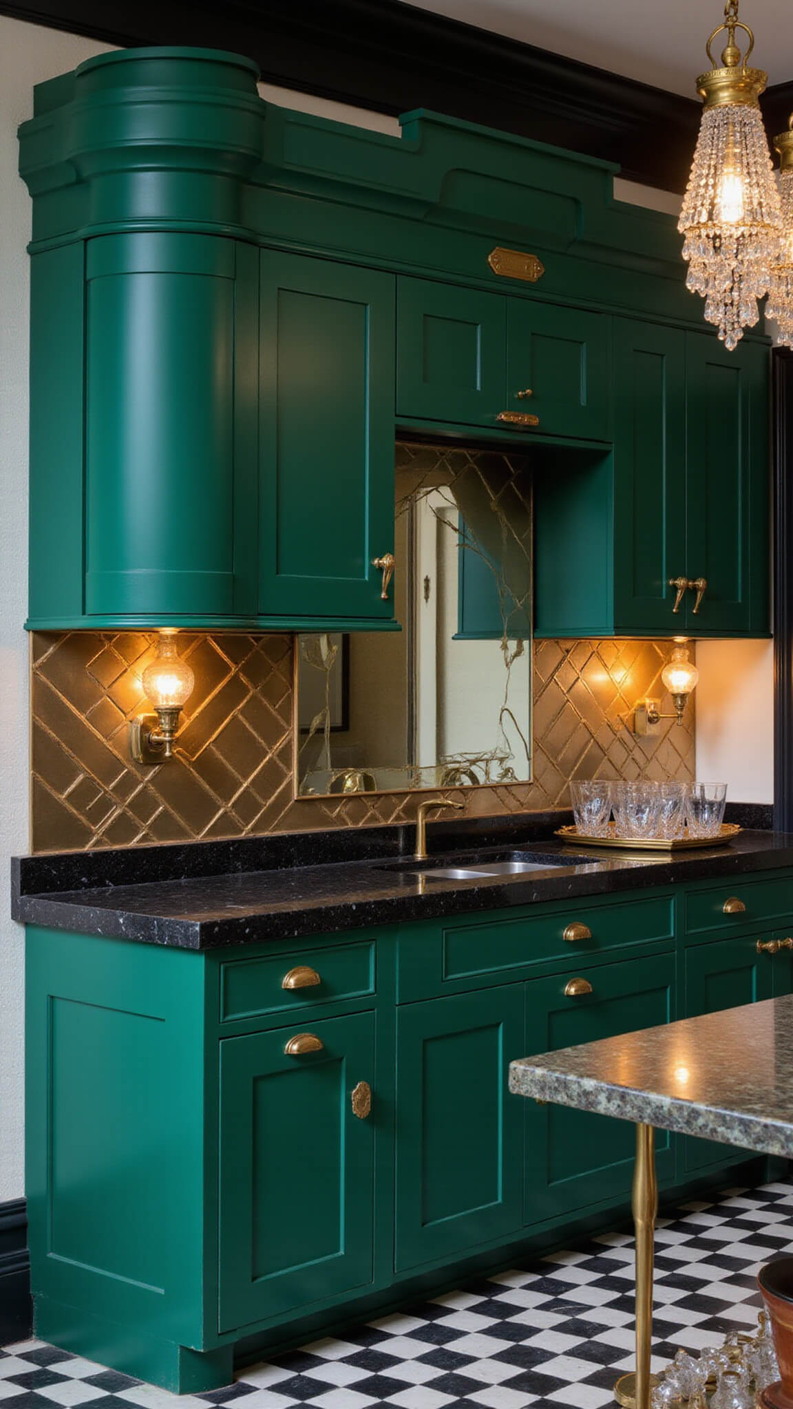 Art Deco kitchen with emerald cabinets, black marble countertops, brass accents, mirrored backsplash, checkered floor, and dramatic evening lighting.