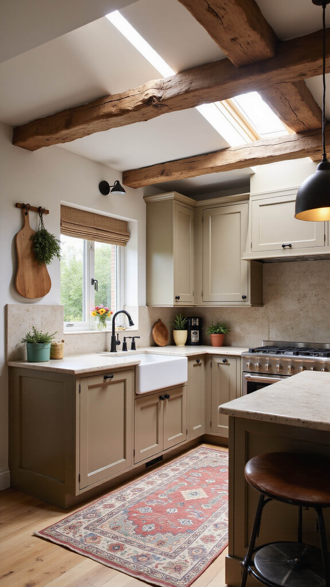 Modern rustic kitchen featuring taupe cabinets, exposed wooden beams, limestone countertops, ceramic tile backsplash, and vintage rug, viewed from low angle with natural and warm LED lighting.