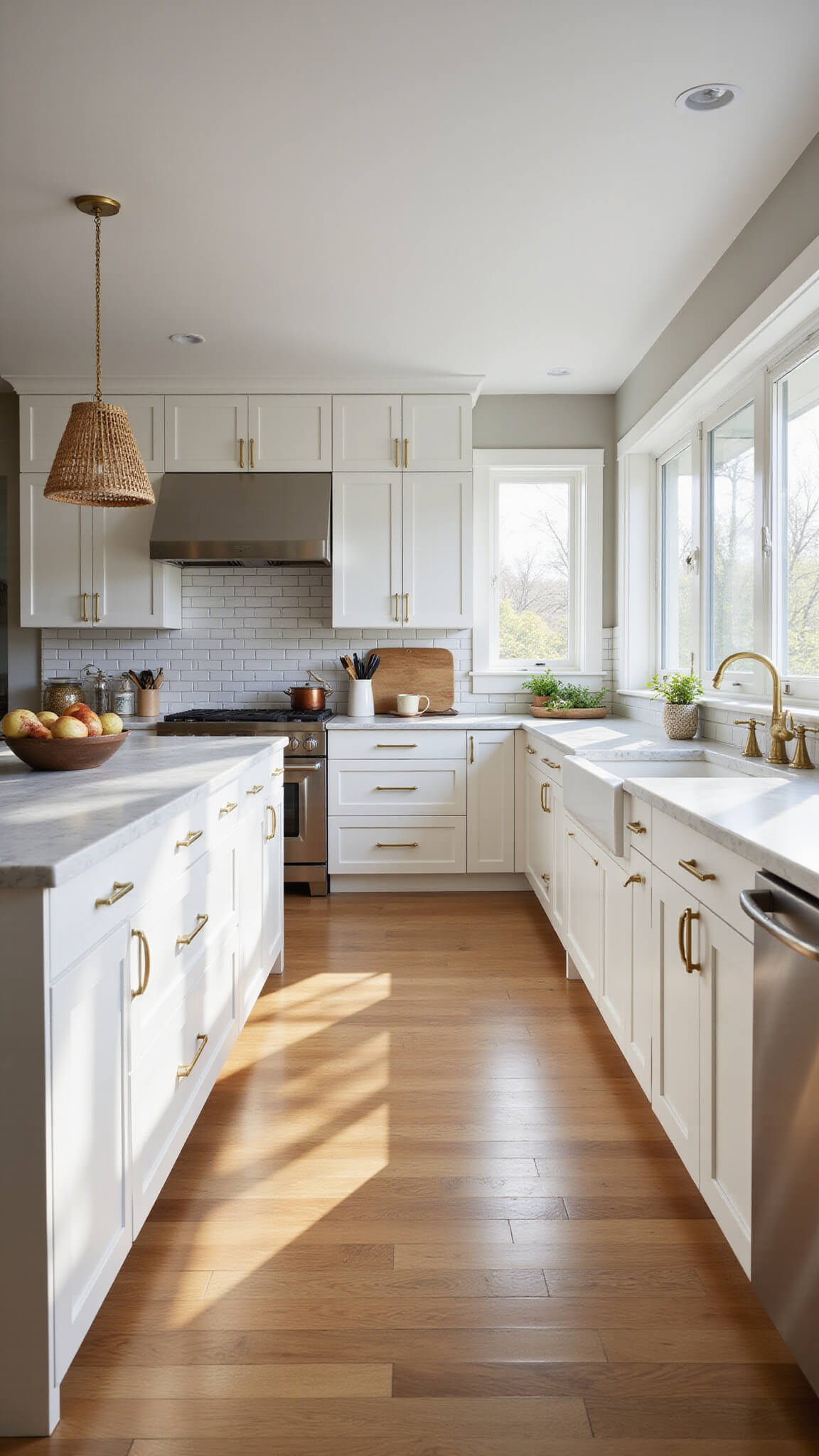 Modern Shaker kitchen with white cabinets, marble island, brass hardware, and sunlit white oak floors at golden hour.
