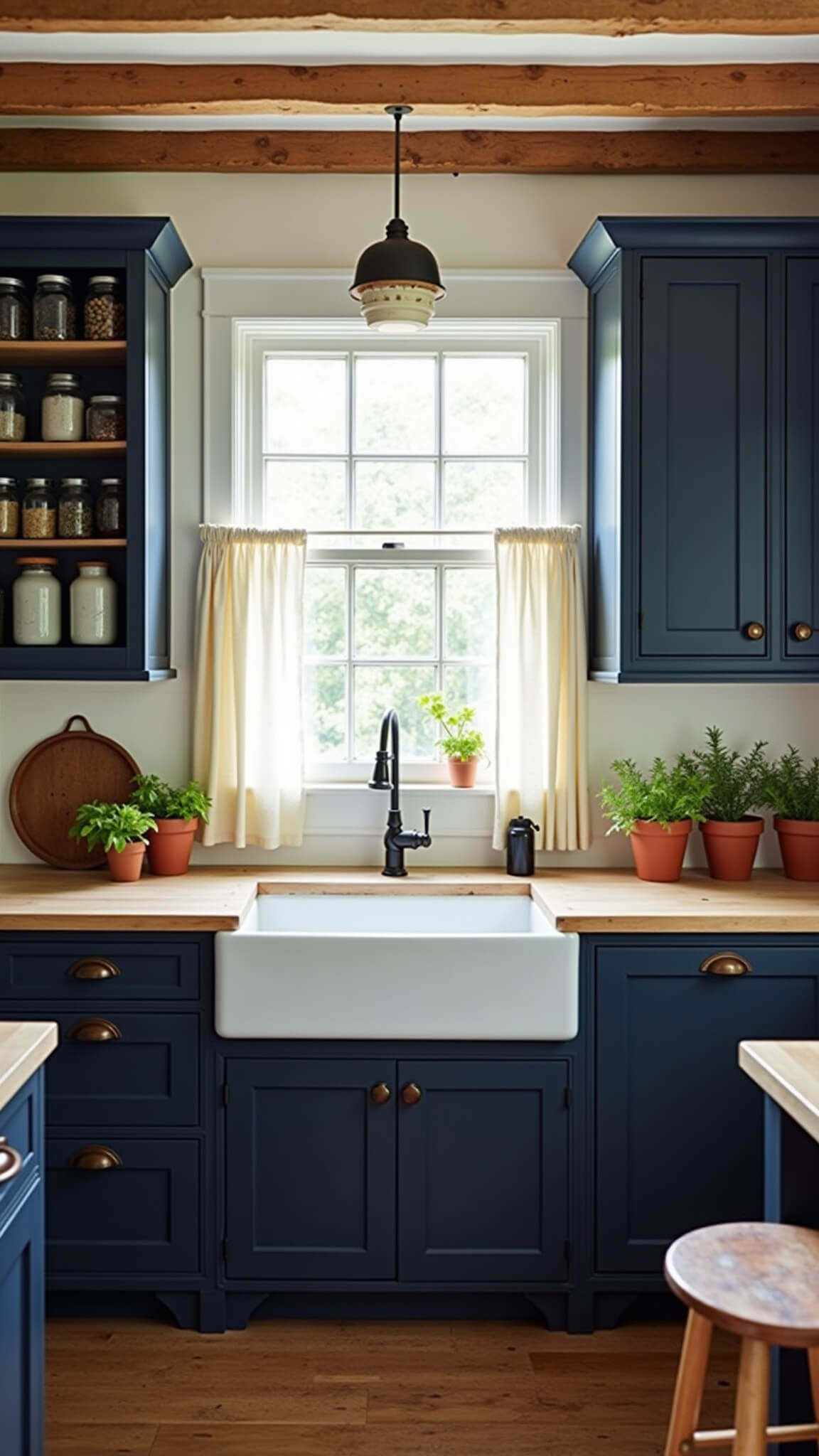 Intimate farmhouse Shaker kitchen with navy blue cabinets, butcher block countertops, vintage sink, and morning light filtering through cafe curtains.