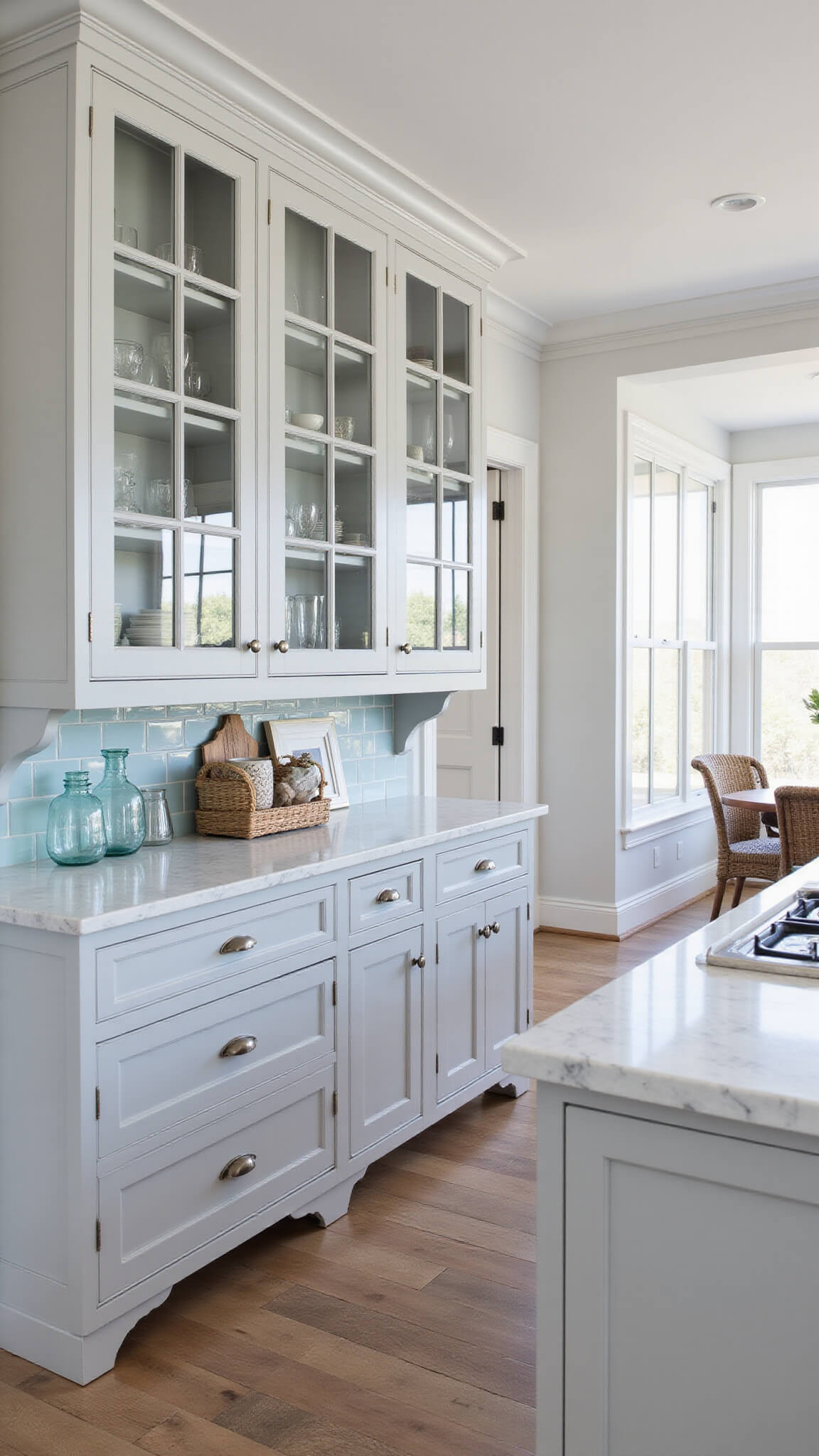 Coastal-inspired open kitchen with light gray Shaker cabinets, pale blue tile backsplash, white marble counters, and woven natural accents, captured in soft mid-morning light.