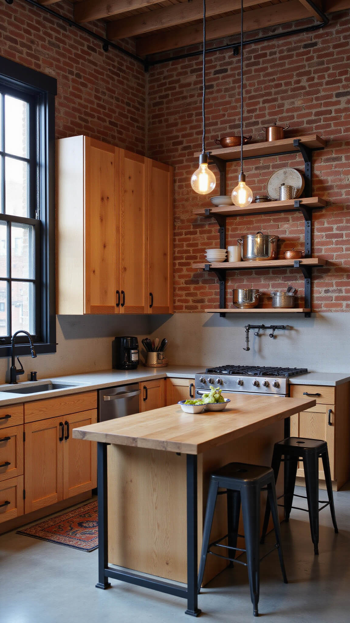 Industrial-modern loft kitchen at dusk with raw wood Shaker cabinets, exposed brick walls, concrete countertops, blackened steel shelving, Edison bulb lighting, vintage factory stools, and copper cookware, viewed from above.