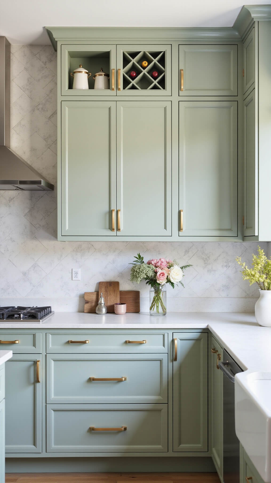 Transitional 13x17ft kitchen with sage green Shaker cabinets, mixed metal hardware, herringbone marble backsplash, quartz countertops, built-in wine rack, and styled with fresh flowers, ceramic canisters, and metallic accents in afternoon light.