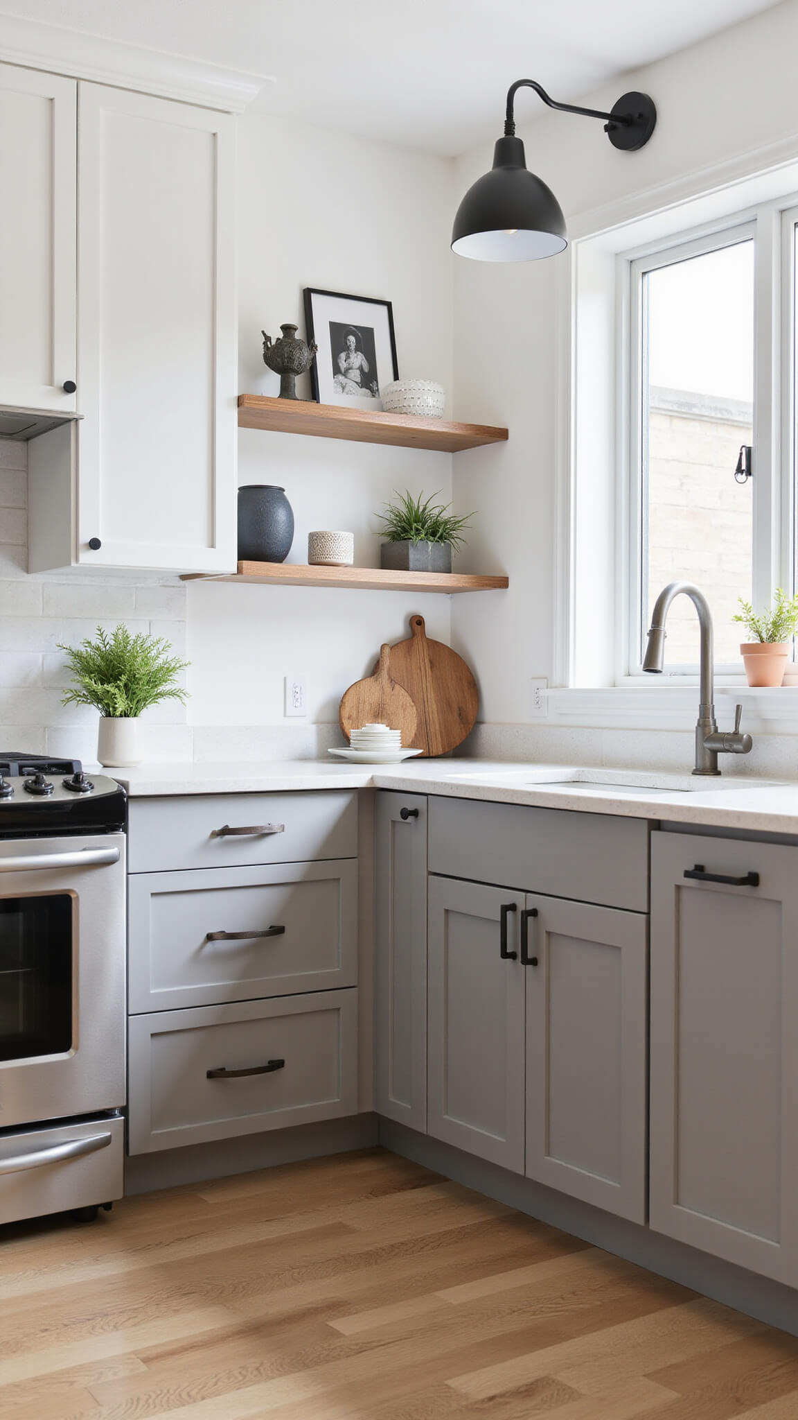 Contemporary 11x14ft kitchen with white upper and warm gray lower Shaker cabinets, engineered quartz counters, floating shelves, modern glass pendants, and sleek chrome-accented appliances.
