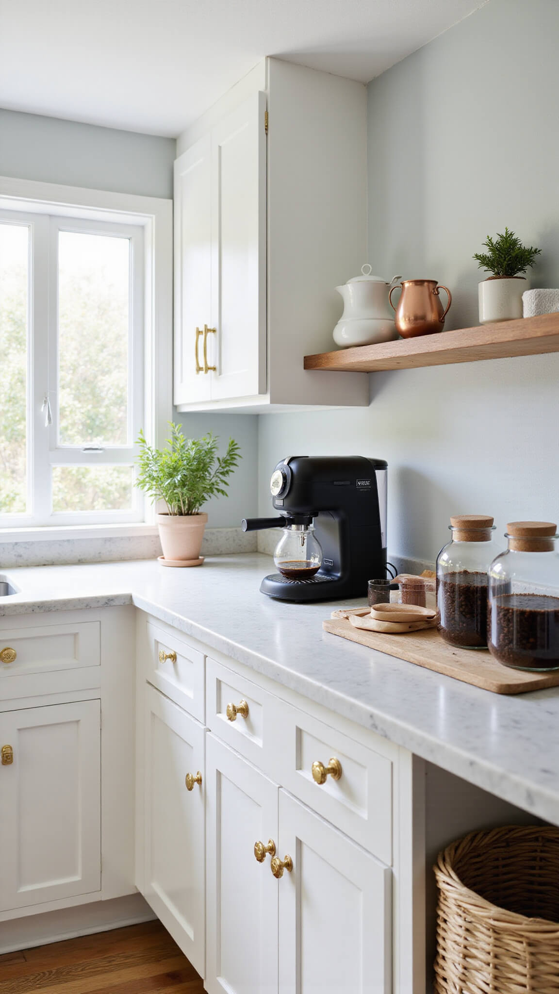 Bright, sunlit kitchen with white shaker cabinets, marble countertops, brass hardware, and a styled coffee station including a black espresso machine, pour-over set, and glass canisters; copper cups and a potted olive tree add warmth and texture.