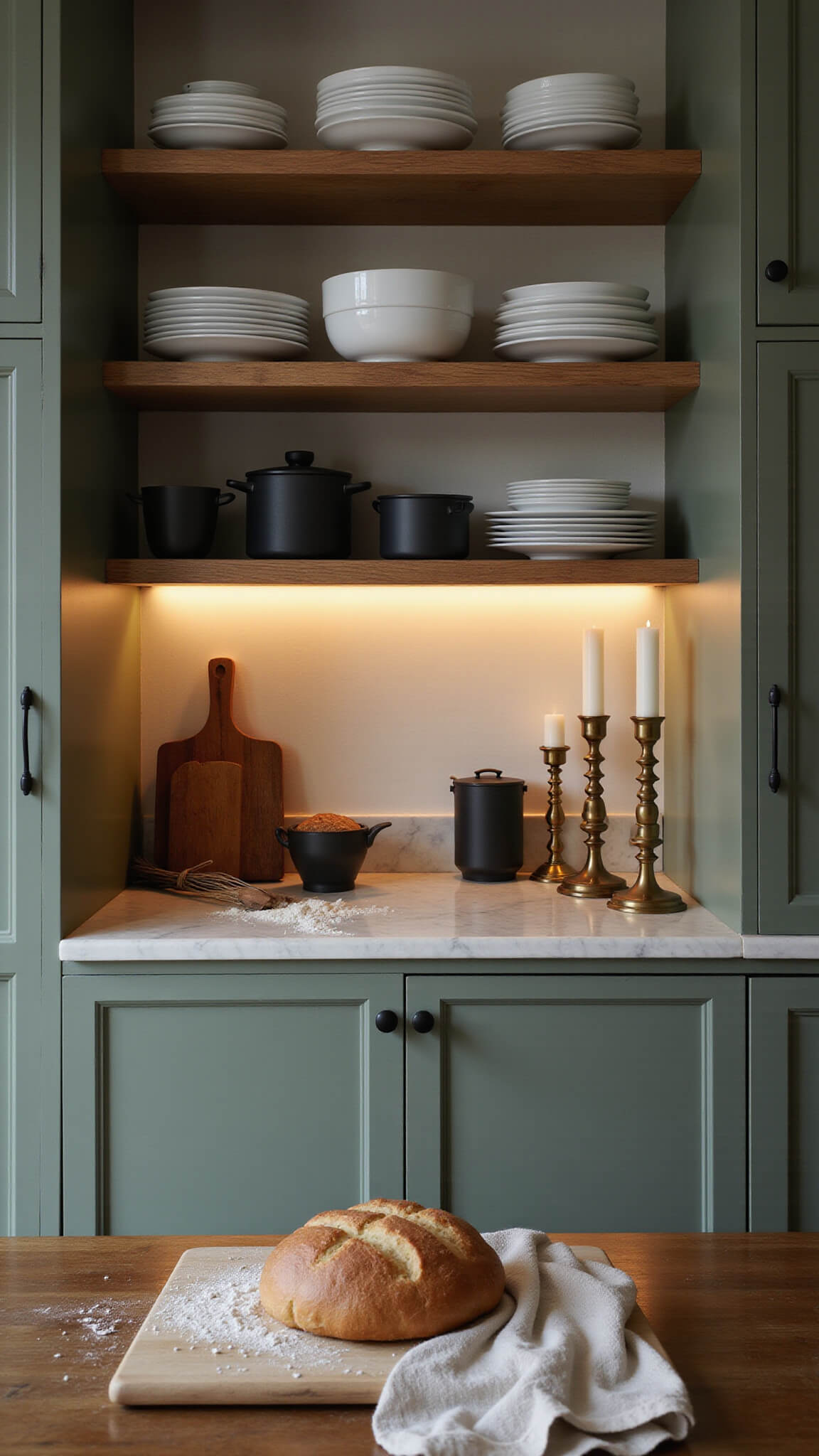 Warmly lit galley kitchen with sage green cabinets, open shelving displaying white plates, brass candlesticks, black cookware, and marble board with sourdough loaf and scattered flour in the foreground.