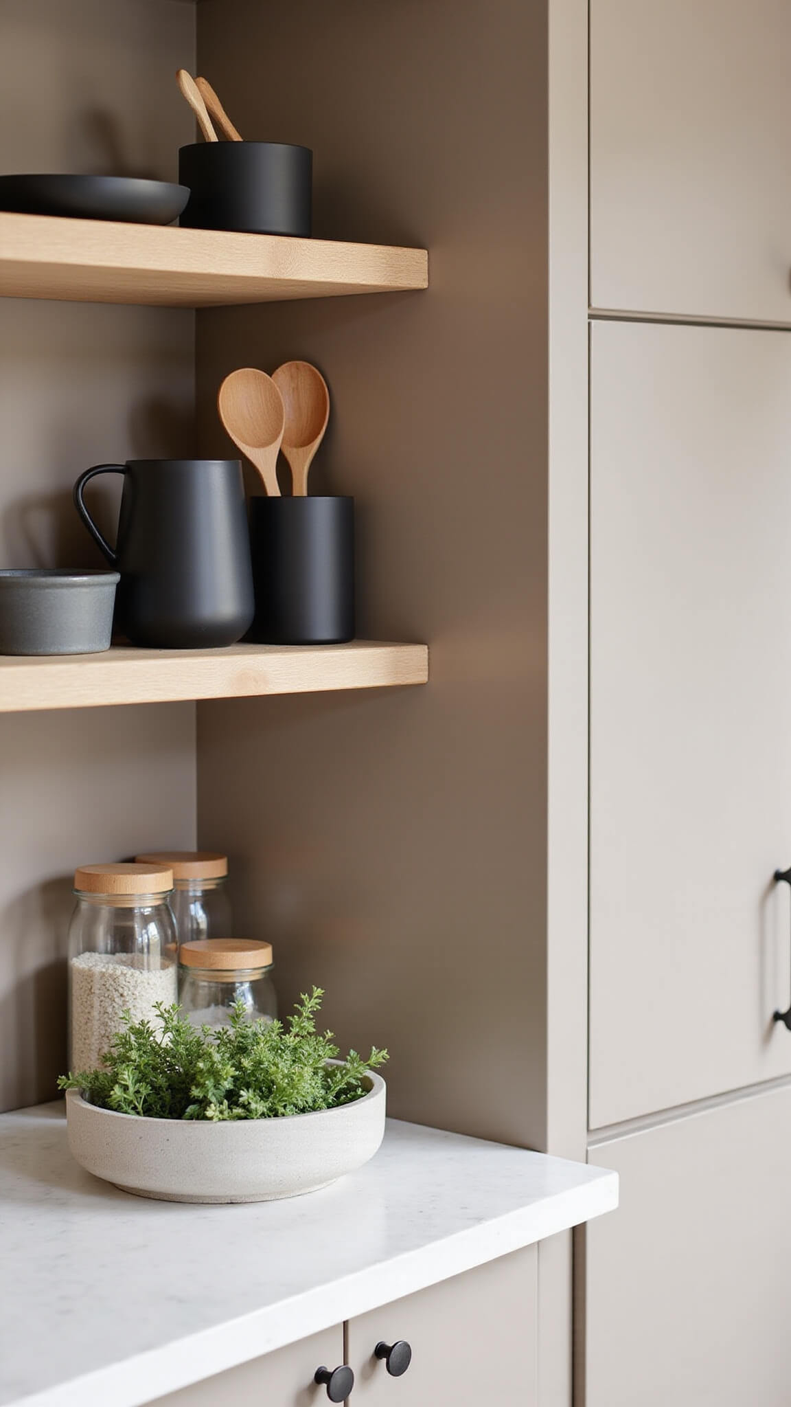 Minimalist modern kitchen with greige handle-less cabinets, white quartz countertop, and open shelving holding black ceramics, wooden utensils, glass jars, and fresh herbs in concrete planters.