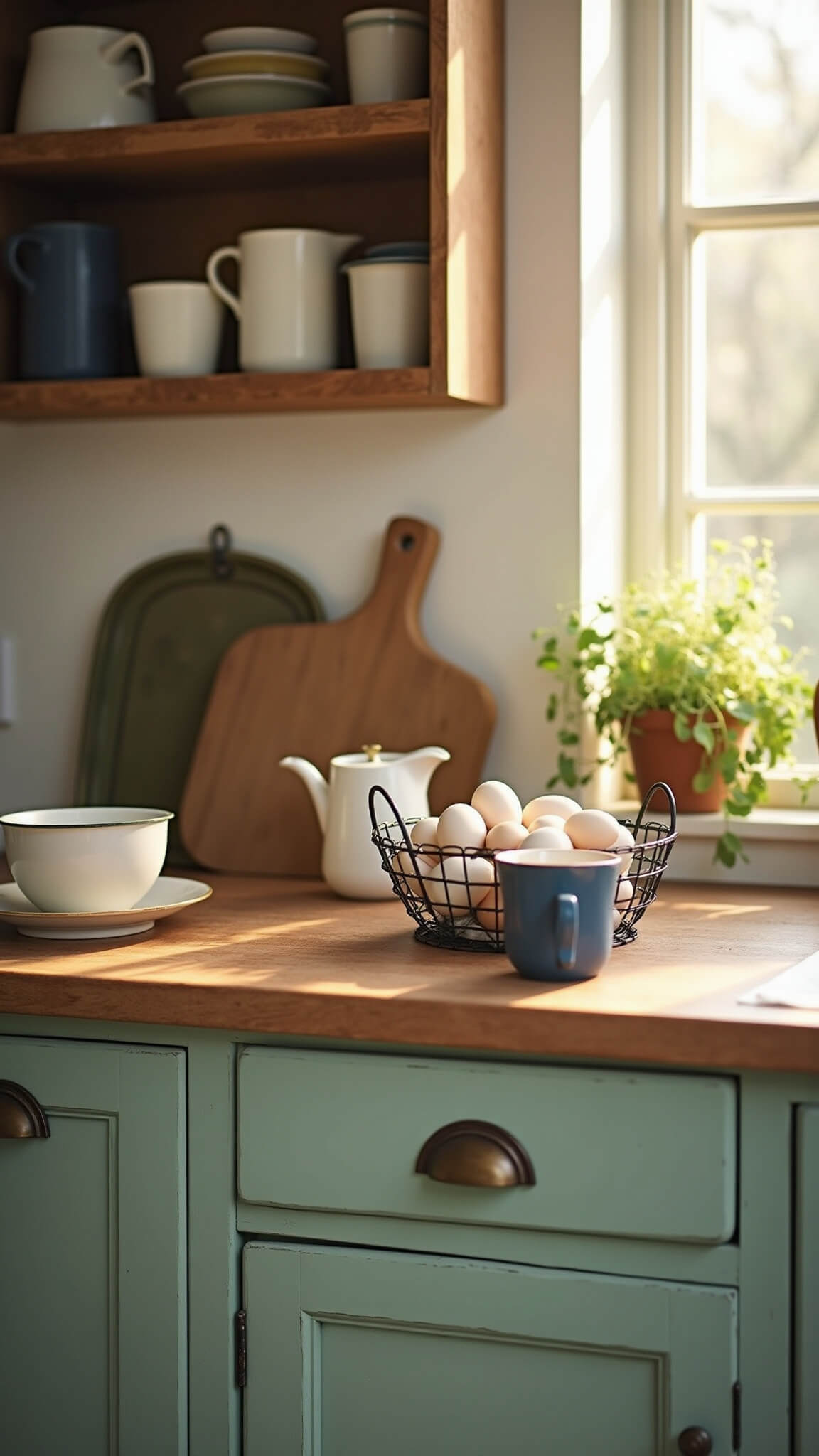 Cozy breakfast nook with sage green cabinets, butcher block counter, vintage enamelware, bread board, and wire egg basket bathed in golden hour light.