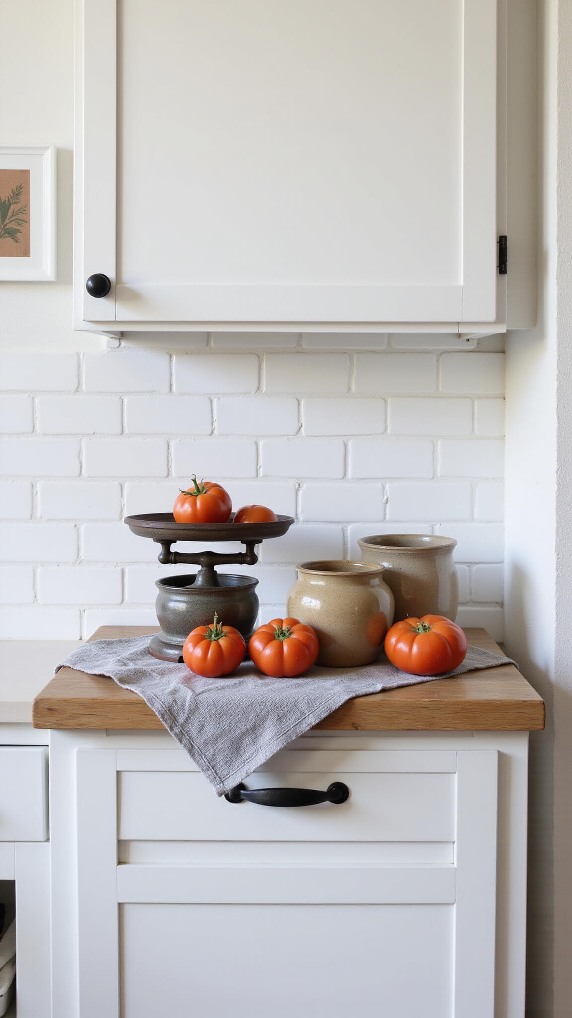Modern farmhouse kitchen with white oak cabinets, black handles, white subway tile, vintage scale with heirloom tomatoes, grey linen runner, and earthenware crocks under dramatic side lighting.