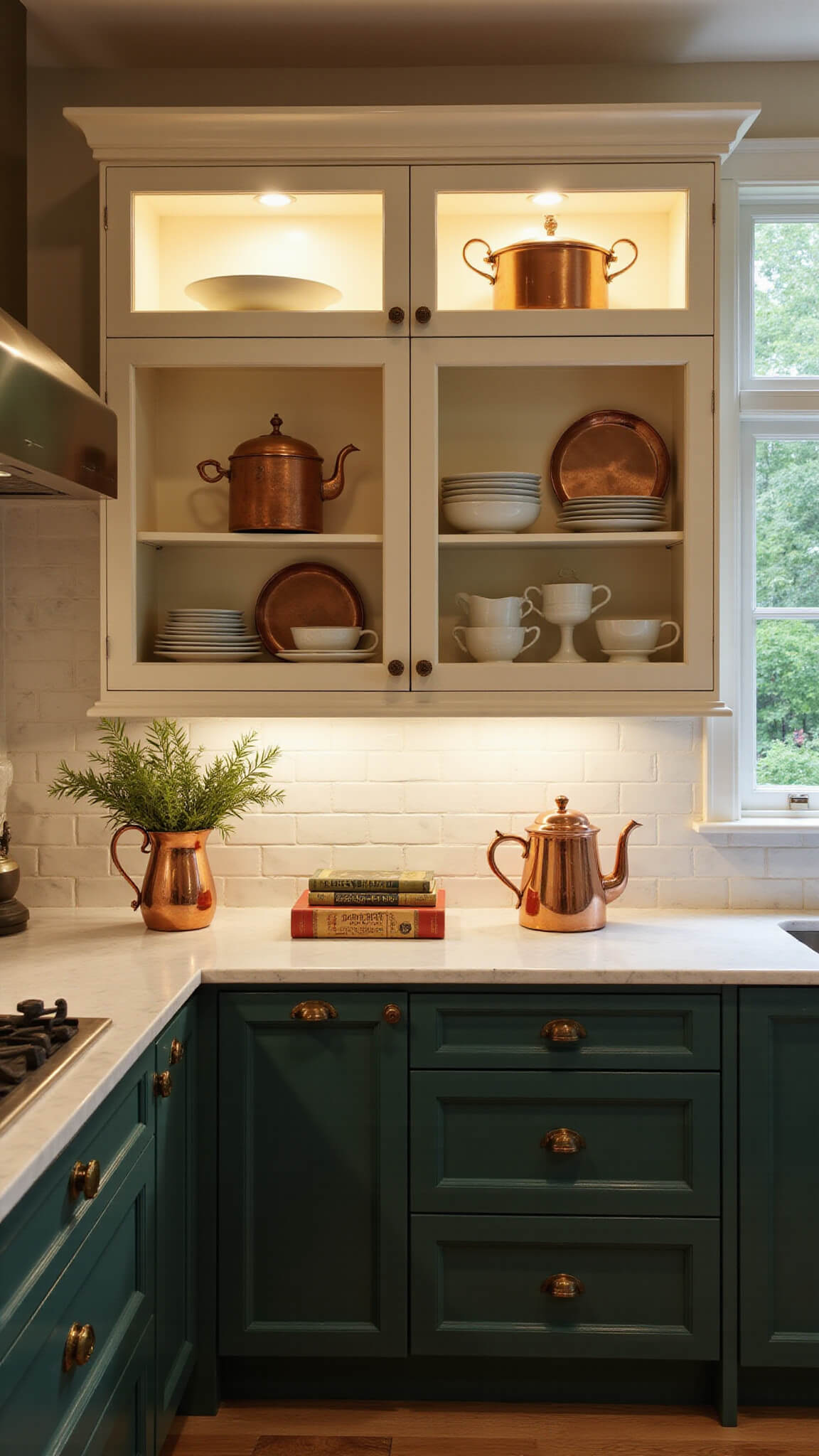 Twilight kitchen with illuminated cream glass-front cabinets, copper cookware, white ironstone, forest green lower cabinets, marble backsplash, and styled with eucalyptus, vintage cookbooks, and copper kettle.
