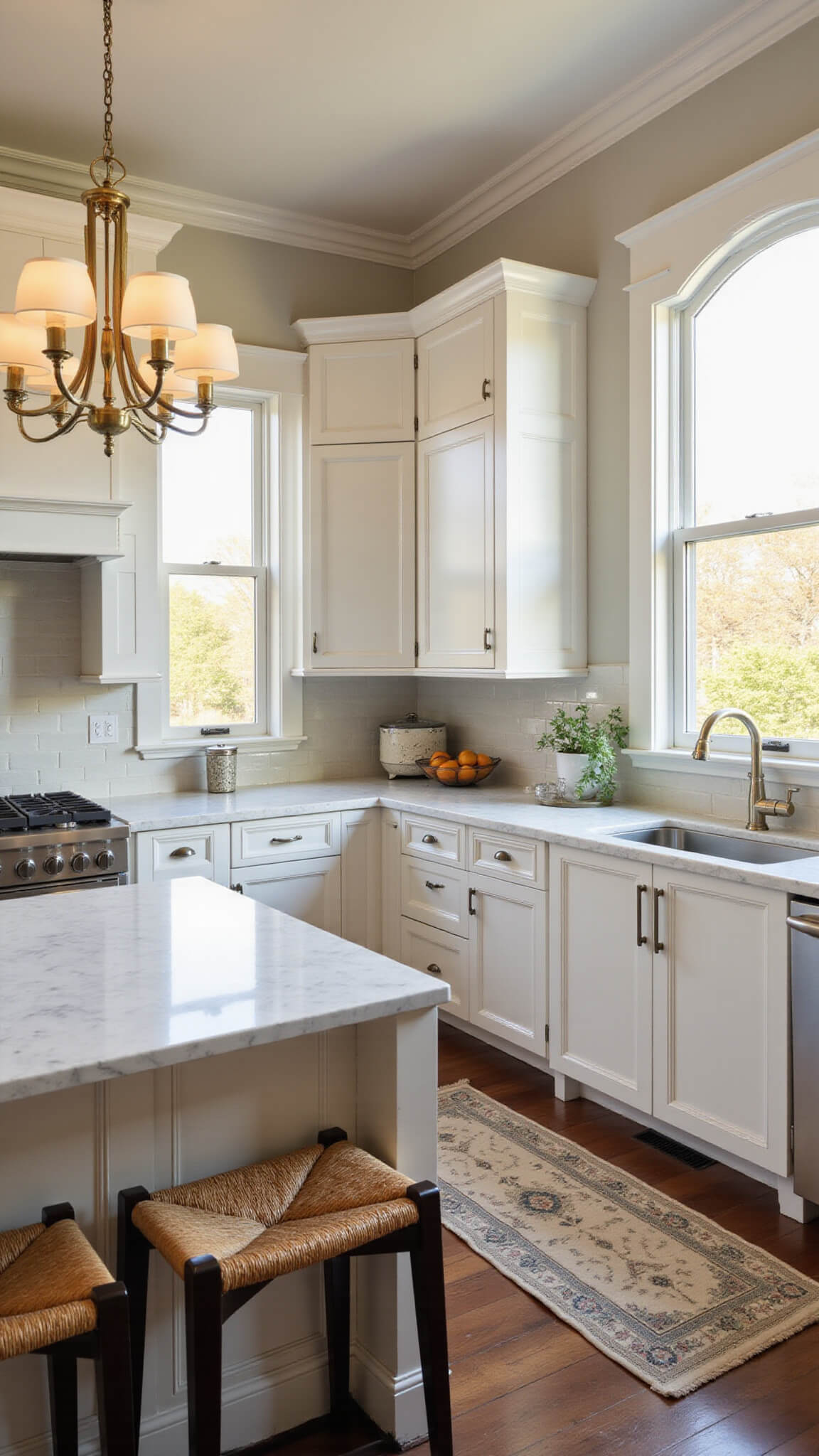 Elegant 12x15' kitchen with white beaded inset cabinets, Carrara marble countertops, brass chandelier, and vintage Persian runner bathed in golden hour light.