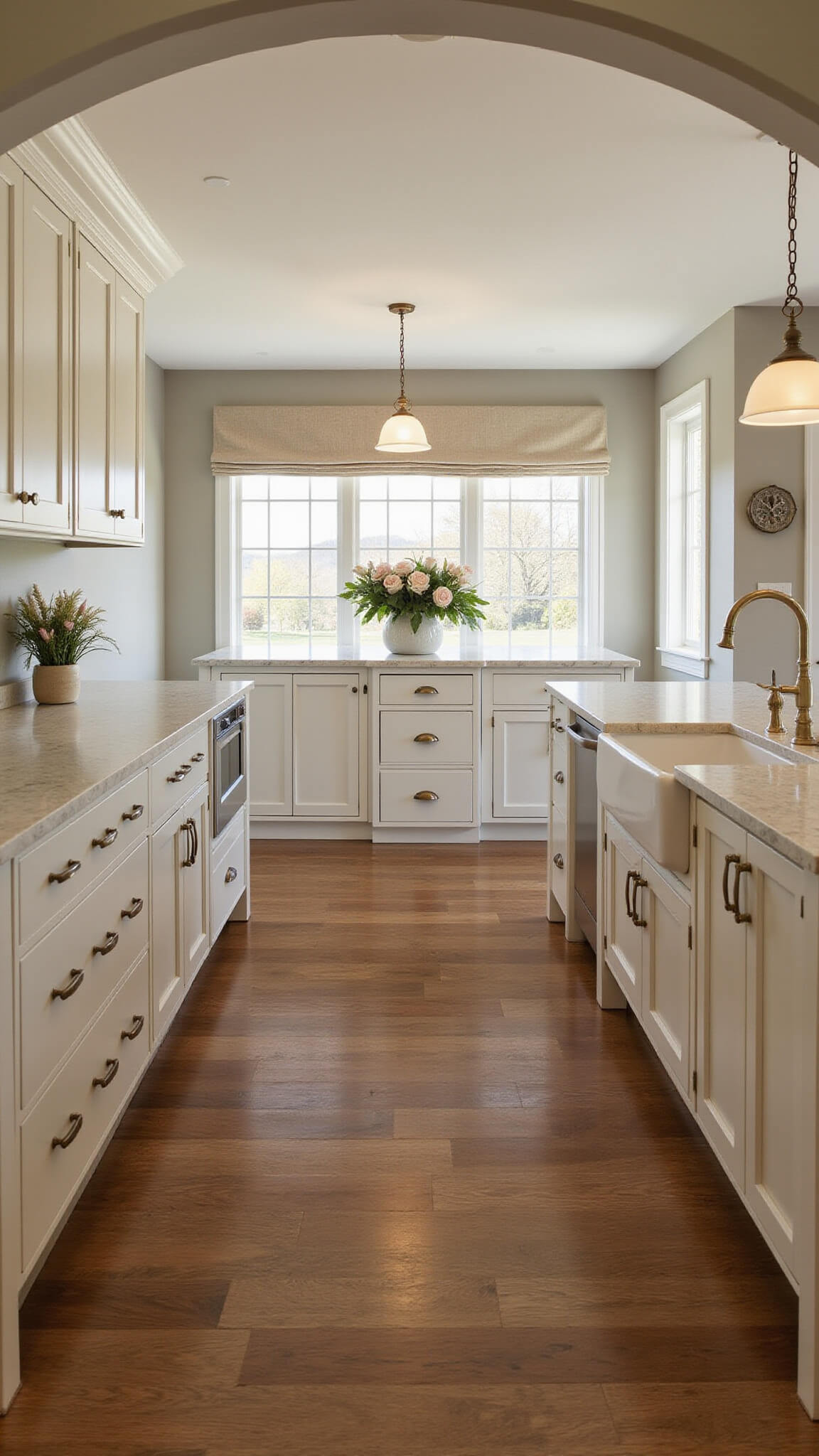 Wide kitchen view with white inset cabinets, large marble island, aged brass pendant lights, and warm walnut floors in soft morning light.