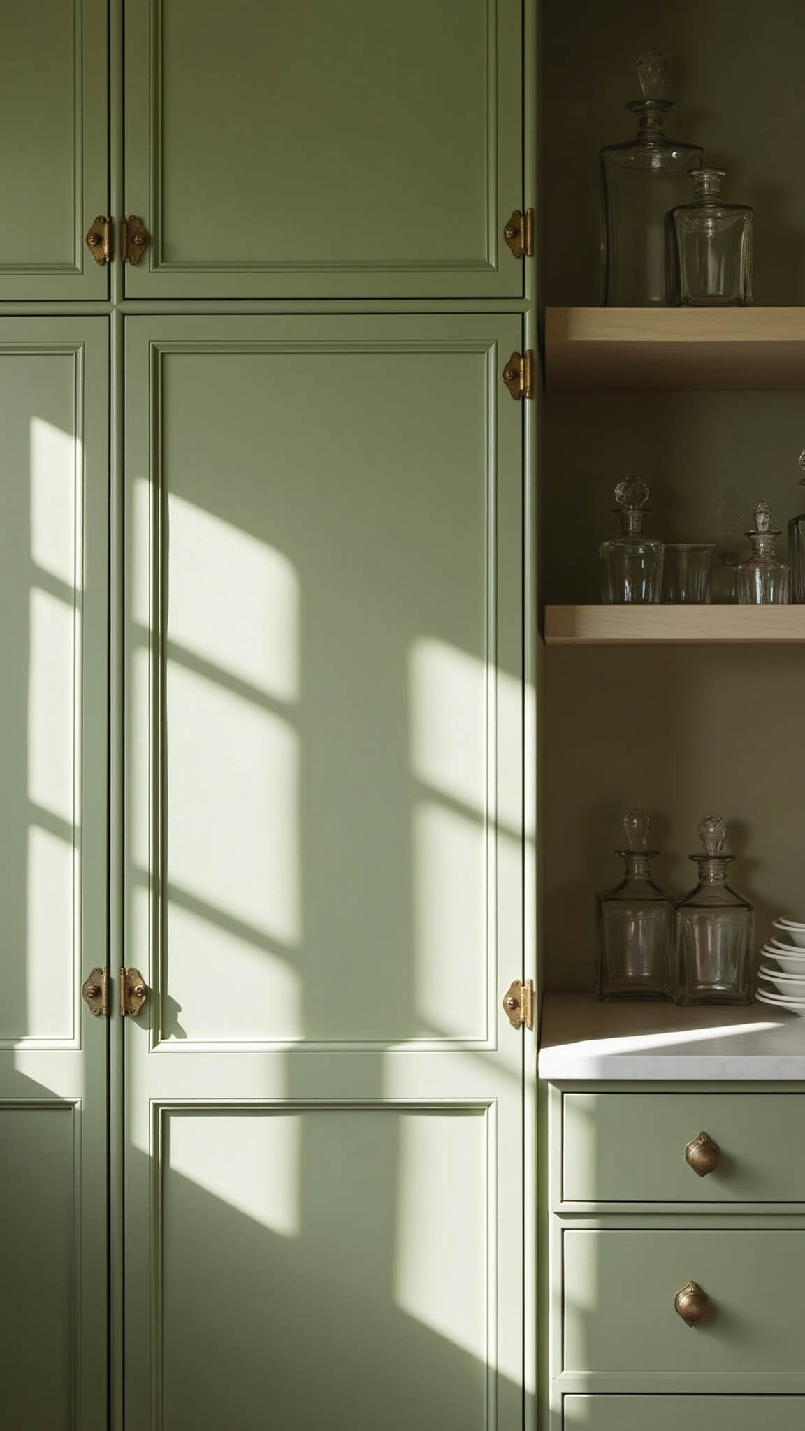 Detail of a butler's pantry with sage green inset cabinets, antique brass hardware, leaded glass doors casting shadows, and white oak shelves holding crystal decanters.