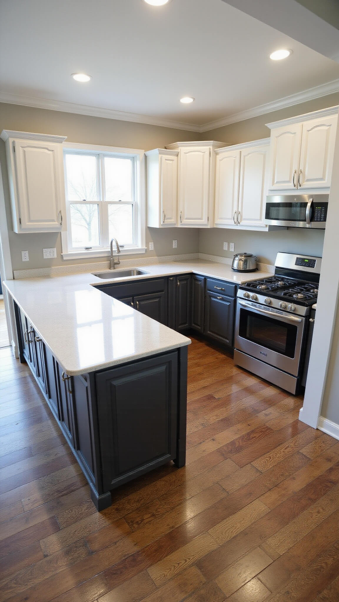 Overhead view of L-shaped kitchen with white inset cabinets, dark hardwood floors, and charcoal island, evenly lit with strobes.