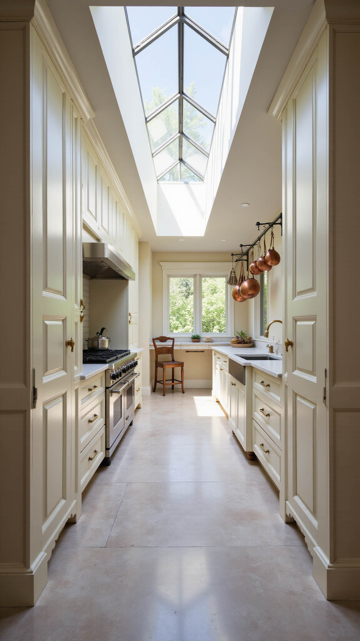 Eye-level view of cream-colored galley kitchen with marble surfaces, brass hardware, and copper pots, lit by skylight and fill flash.