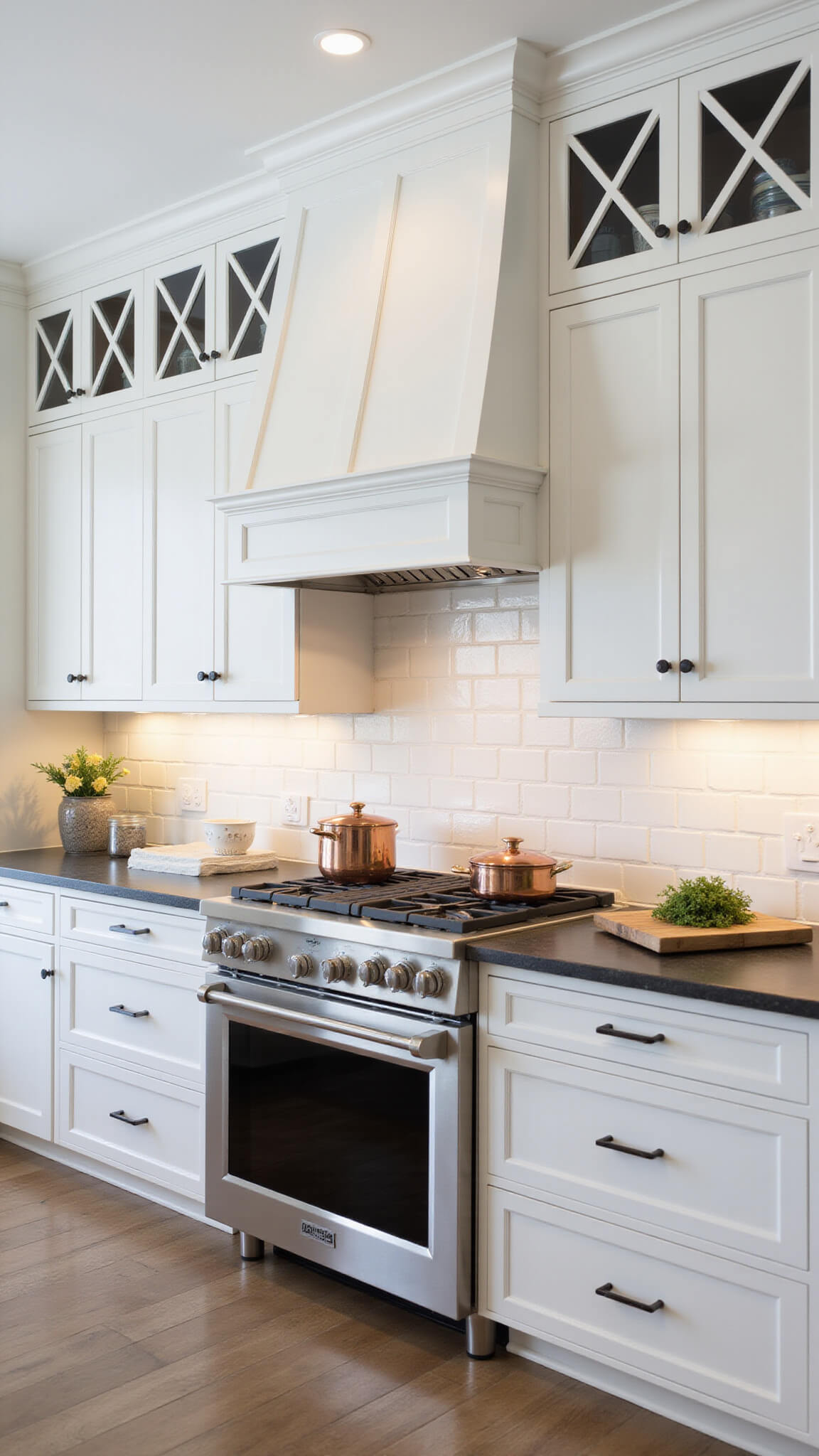 Corner of kitchen with white inset cabinets, glass-front uppers, soapstone counters, copper cookware, and custom range hood under soft lighting.