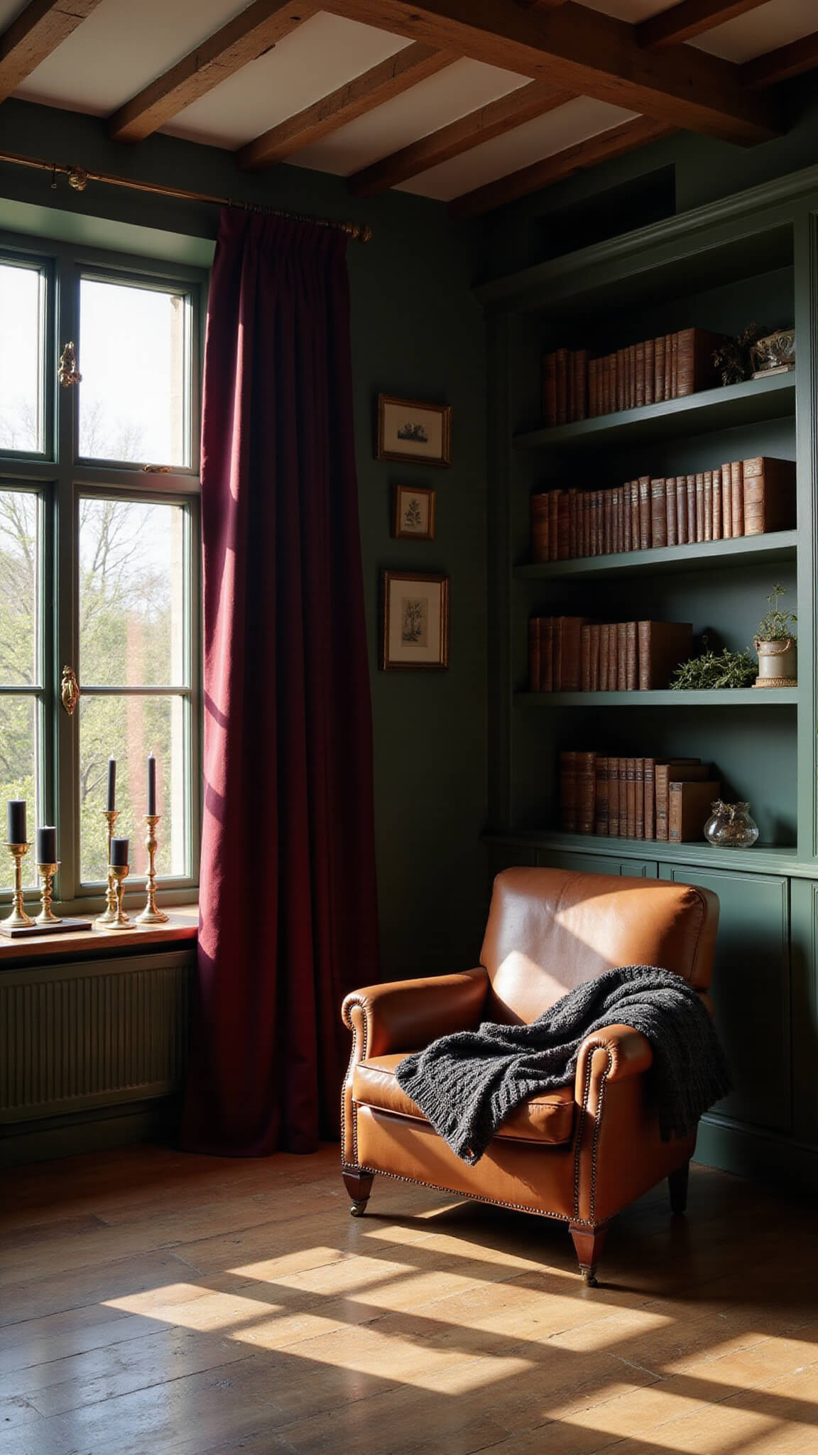 Cozy cottage living room at golden hour with sunlight through burgundy curtains, leather armchair by bay window, oak floors, brass candlesticks, overflowing bookshelves, and exposed ceiling beams.