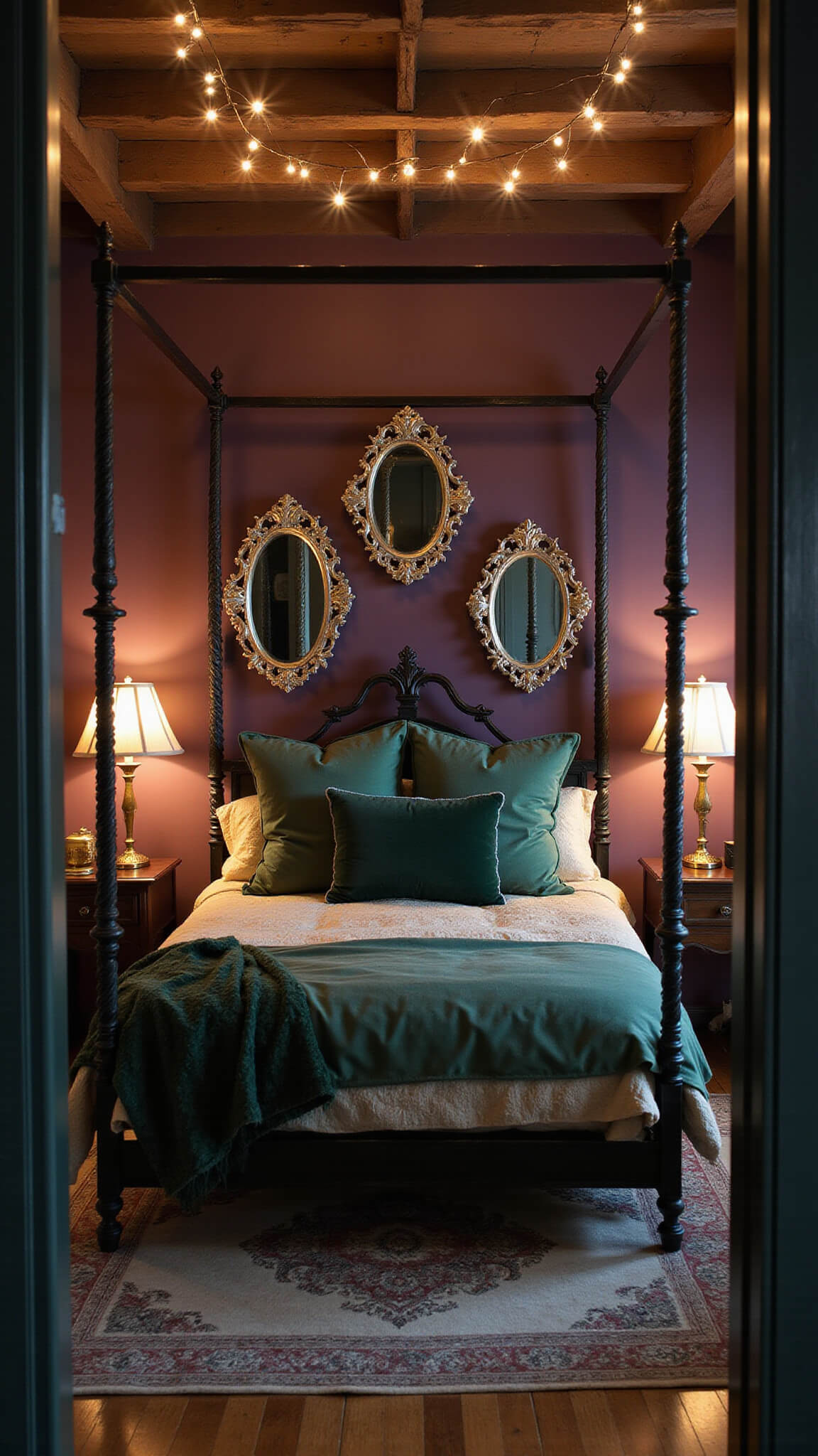 Victorian-style bedroom at dusk with iron four-poster bed, vintage linens, velvet pillows, silver mirrors, fairy lights on exposed beams, and warm light from brass sconces.