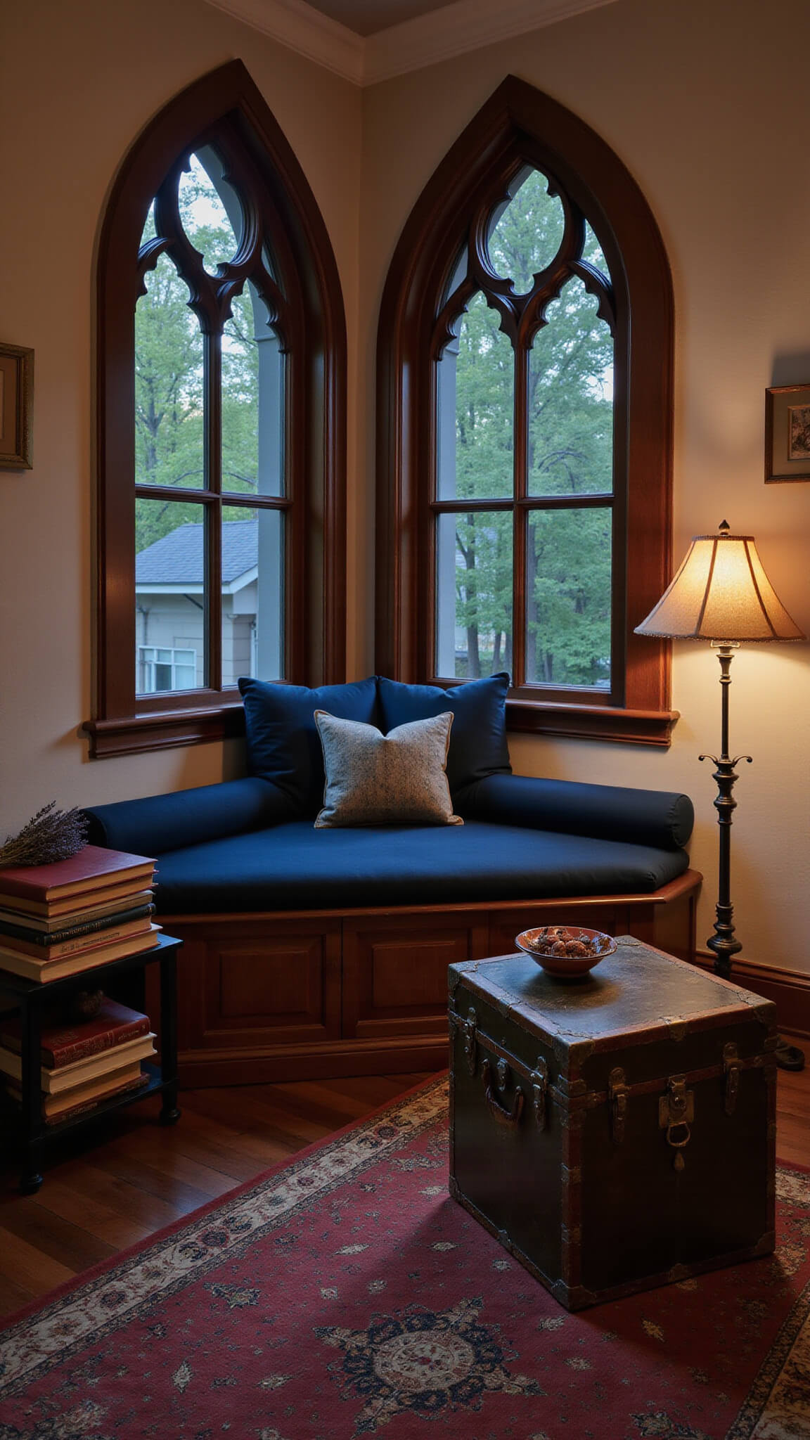 Twilight-lit cozy reading nook with navy velvet window seat under gothic arch, weathered trunk side table with books and lavender, burgundy wool rug, and vintage lamp glow.