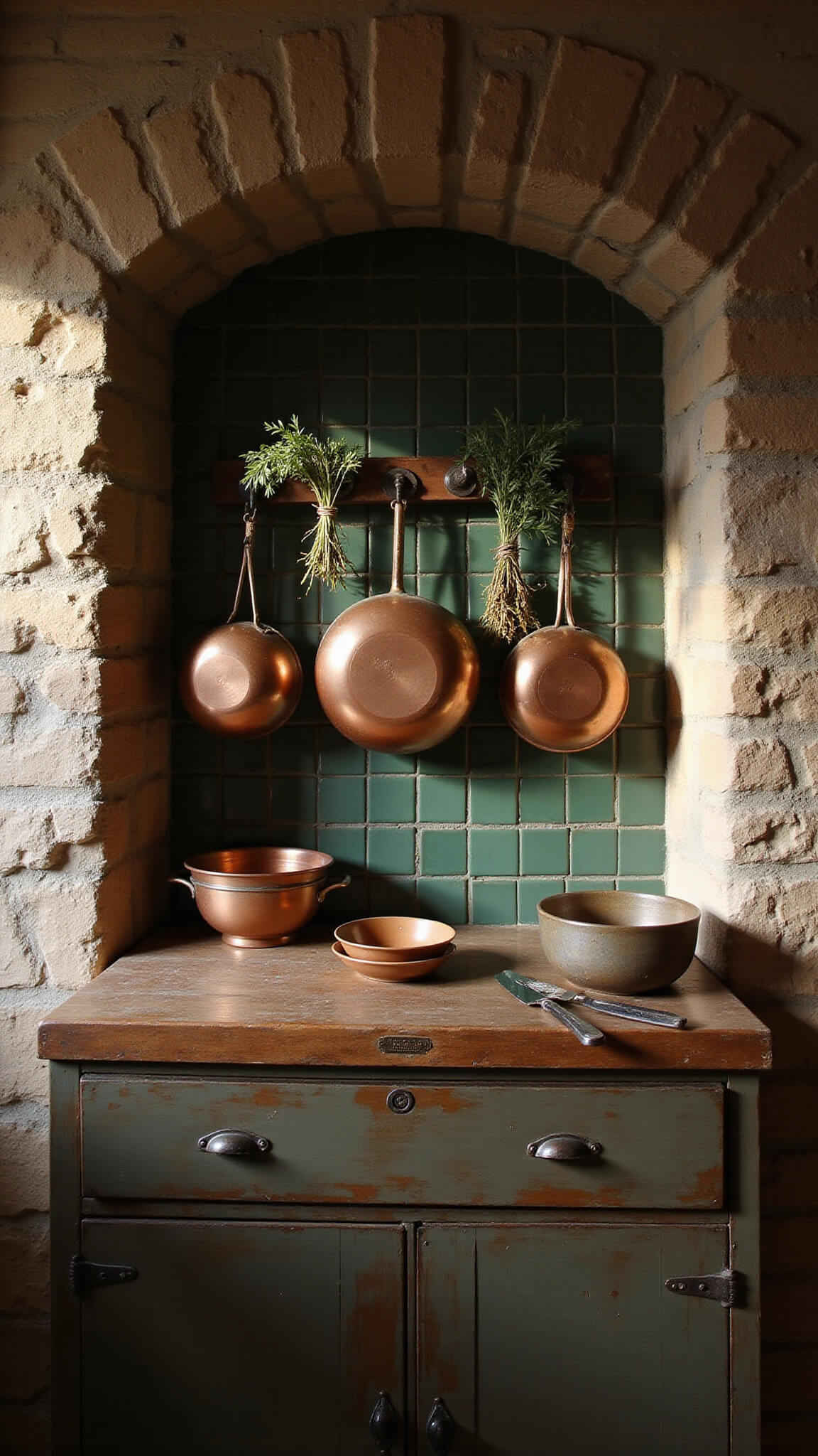 Rustic kitchen alcove at dawn with copper pots, dried herbs, and ceramic bowls on a butcher block, lit by morning sunlight through a leaded glass window.