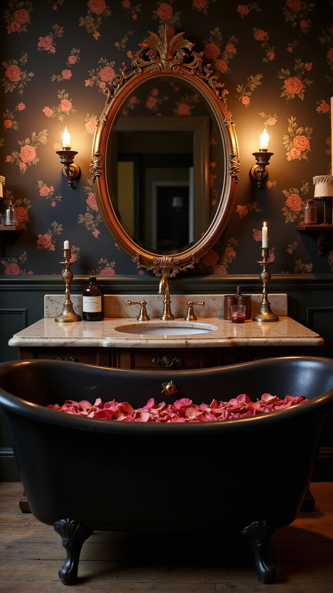 Candlelit vintage bathroom with clawfoot tub filled with rose petals, dark floral wallpaper, marble vanity, and antique decor in romantic lighting.