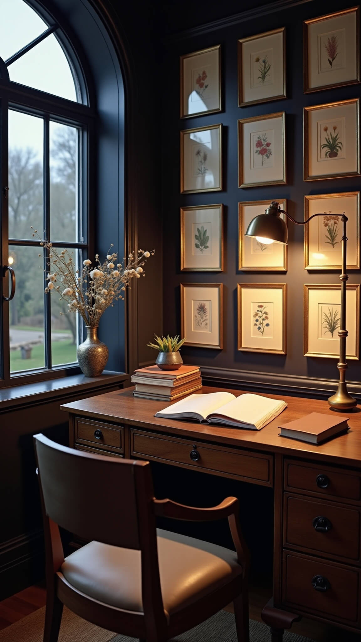 Midnight study nook with heavy wooden desk under arched window, adorned with leather journals, dried flowers in brass vases, and surrounded by botanical prints on deep navy walls.