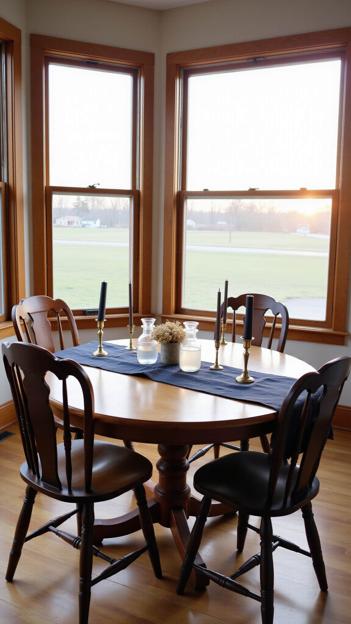 Romantic window-side dining area at sunset with round oak table, vintage chairs, candles, crystal decanters, and dried flowers.