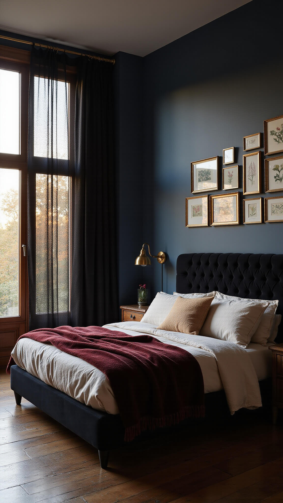 Photorealistic bedroom with golden hour light through sheer black curtains, highlighting a king bed with black velvet headboard, burgundy and cream velvet throws, vintage brass sconces, and a gallery wall of pressed botanical prints.