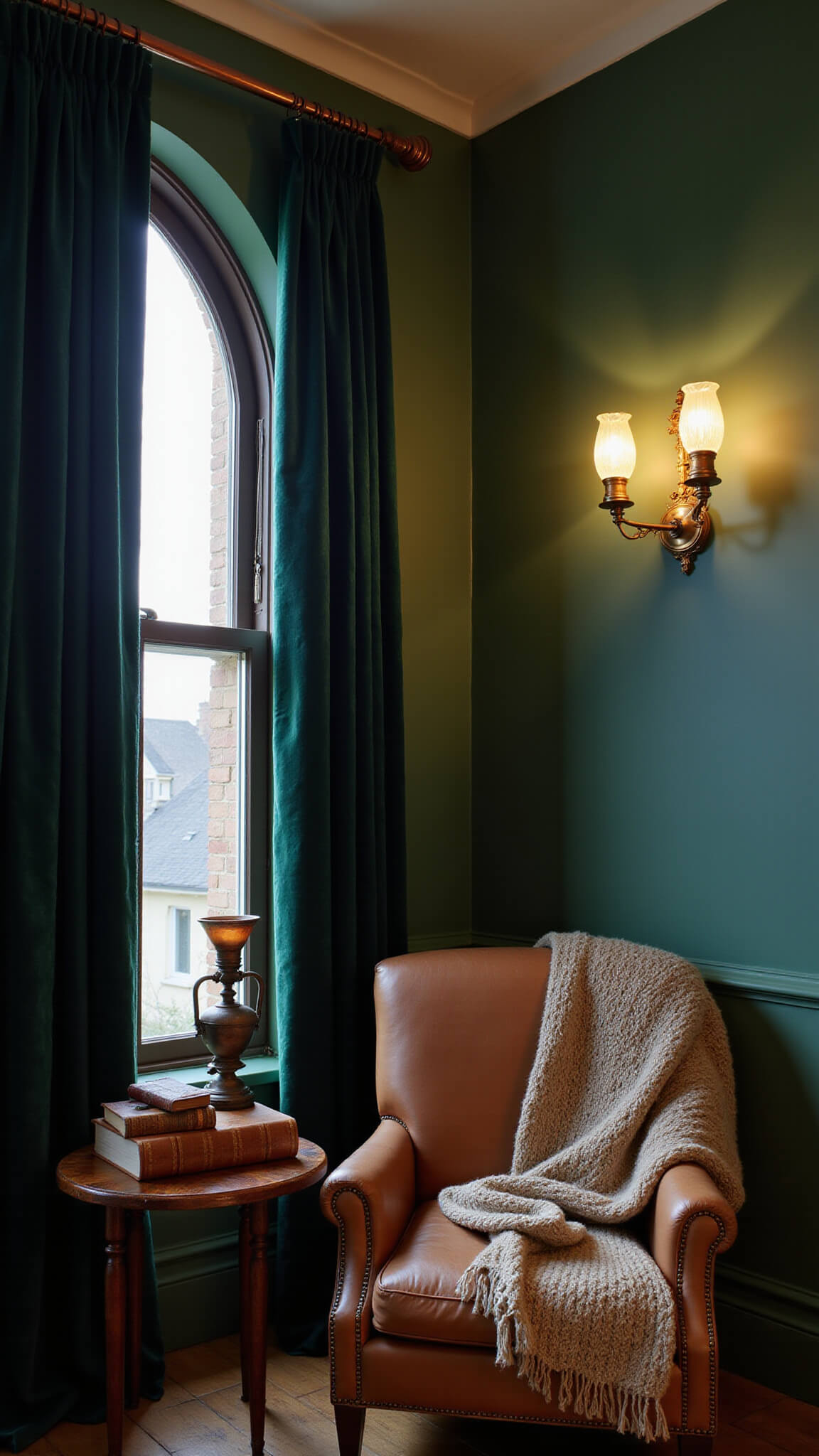 Victorian bedroom nook with antique leather chair by arched window, forest green walls, warm copper sconces, and vintage decor in moody twilight lighting.