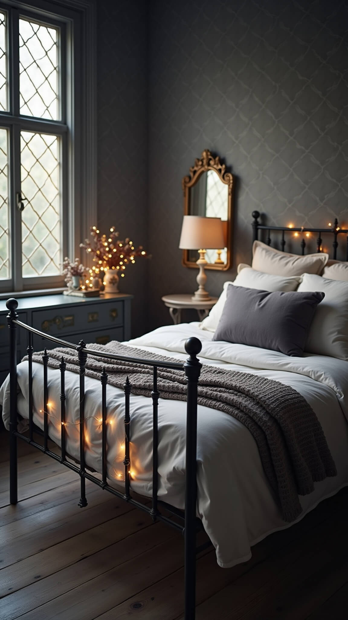 Moody pre-dawn bedroom with moonlit windows, iron bed in layered linens, fairy lights on vintage dresser, and misty view outside.
