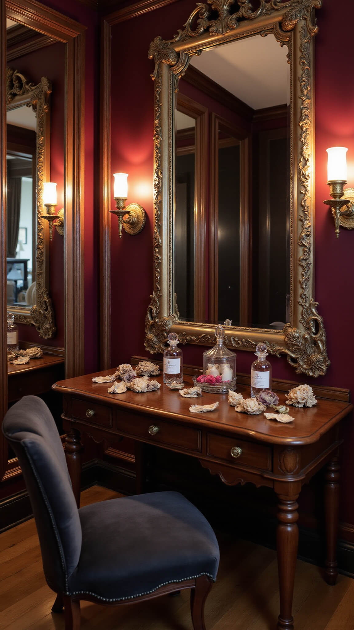Luxurious dressing area with antiqued mirror panels, brass sconces, burgundy walls, vintage mahogany vanity, and Victorian velvet chair in dramatic lighting.