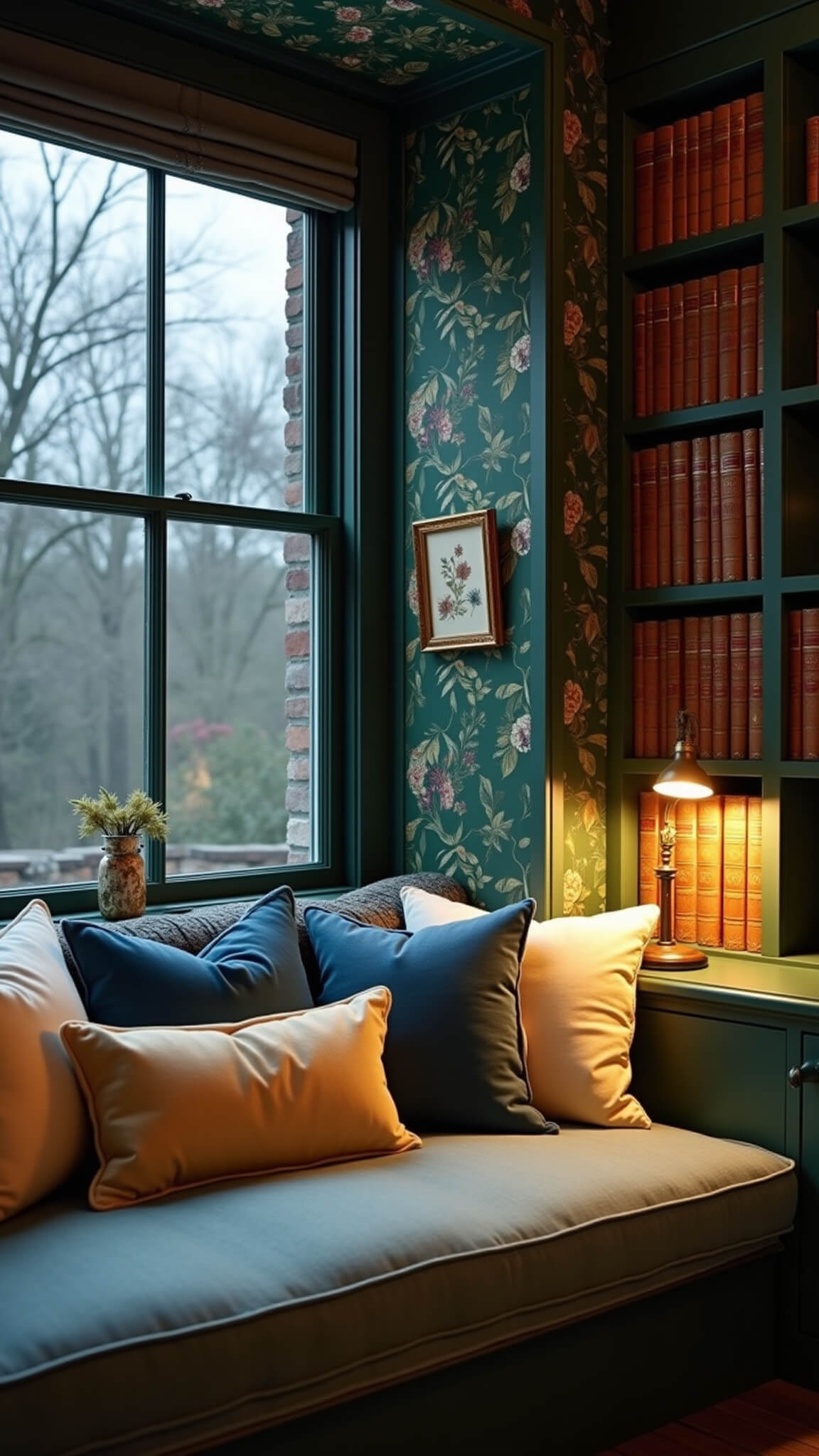 Cozy window seat alcove at dusk with green botanical wallpaper, vintage velvet pillows, built-in bookshelves of leather-bound books, brass reading lamp, and botanical wall decor in warm, atmospheric lighting.