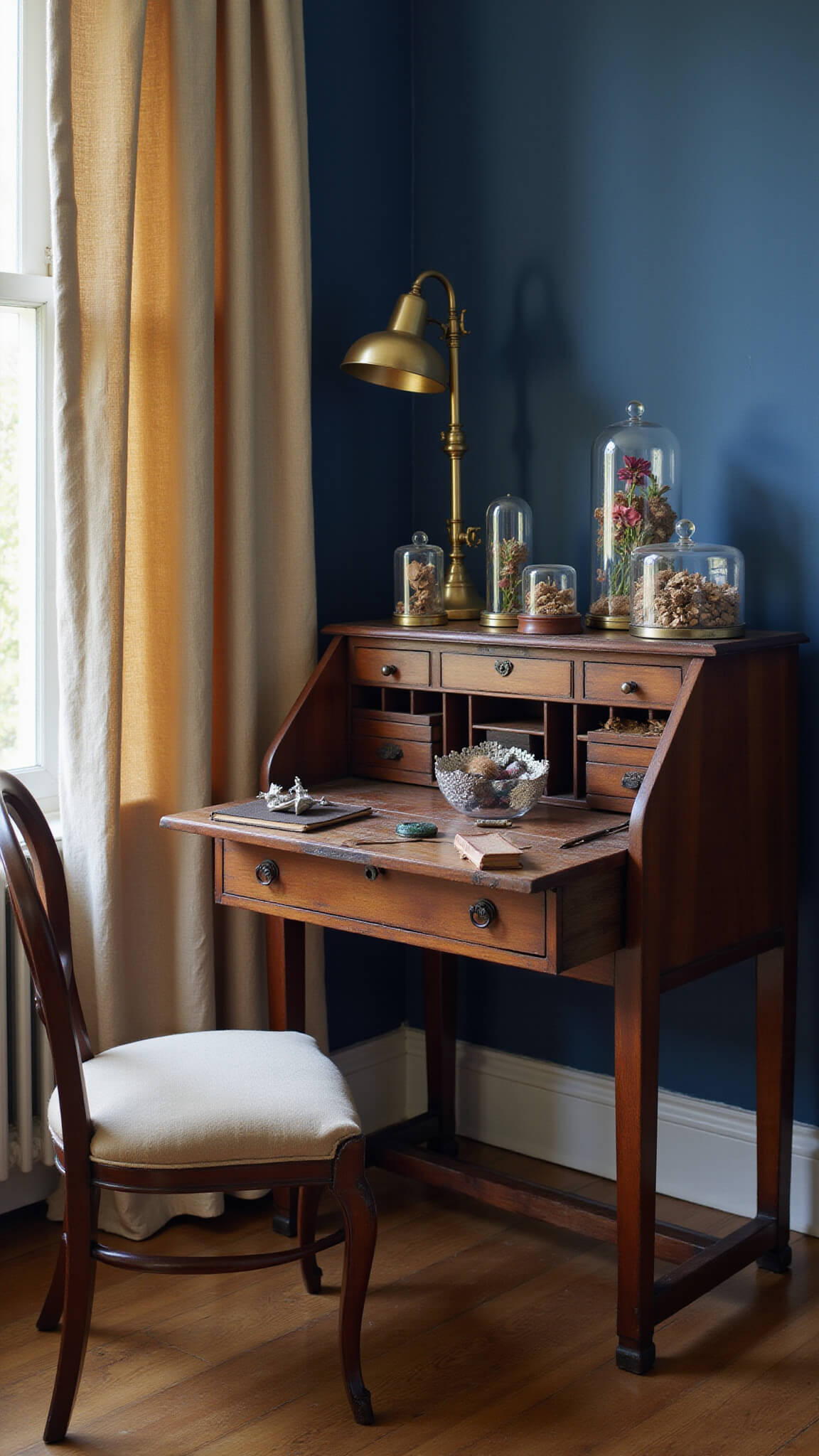 Antique walnut secretary desk in a sunlit bedroom corner with brass lamp highlighting vintage curiosities and journals against deep blue walls.
