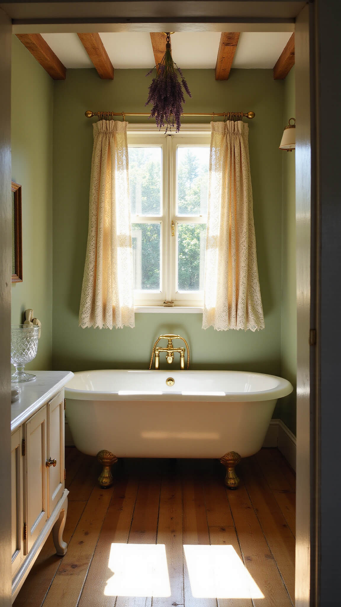 Vintage cottage bathroom with clawfoot tub, sage green walls, and brass fixtures bathed in golden hour light.