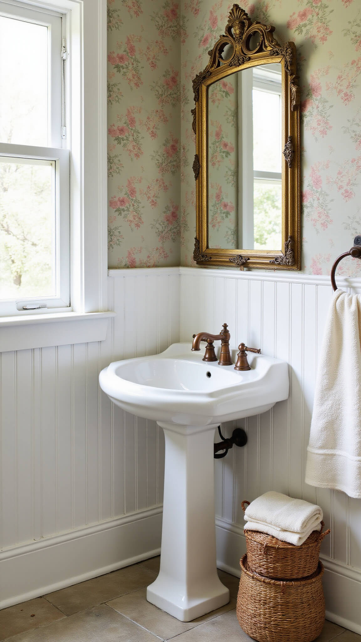 Corner of a small cottage bathroom with botanical wallpaper, gold-framed mirror, pedestal sink with copper faucet, seagrass baskets, and cream linen towels, softly lit by natural side light.