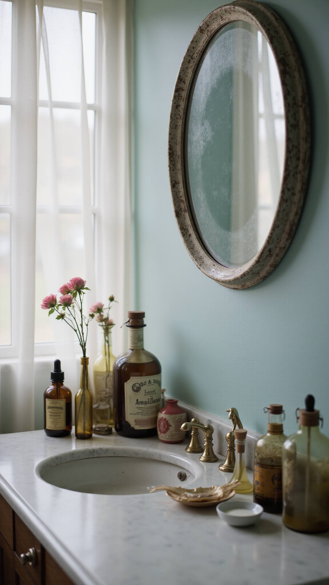 Cottage bathroom vanity at dawn with vintage bottles, dried roses, and soft light on marble countertop.