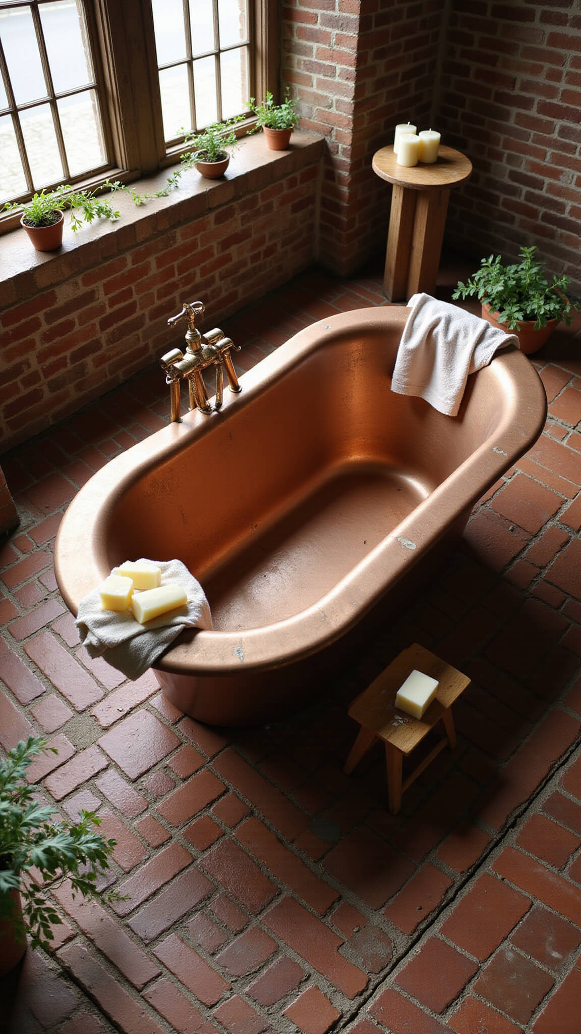 Overhead view of copper bathtub on reclaimed brick floor with afternoon light, candles, linen towel, handmade soap, and potted ivy.