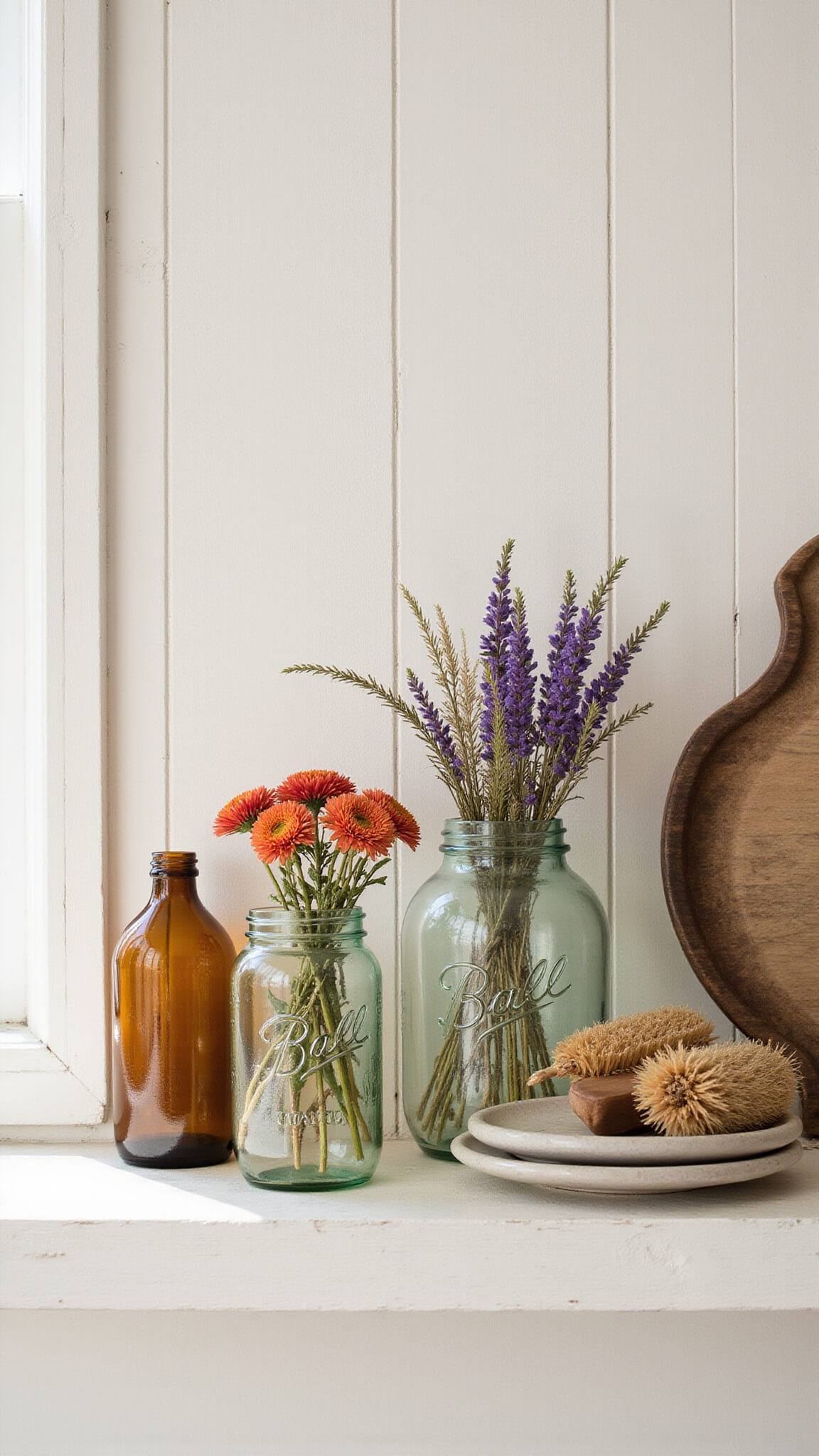 Vintage bathroom shelf with dried wildflowers in mason jars, natural brushes, pottery, and amber bottles, softly lit by morning window shadows.