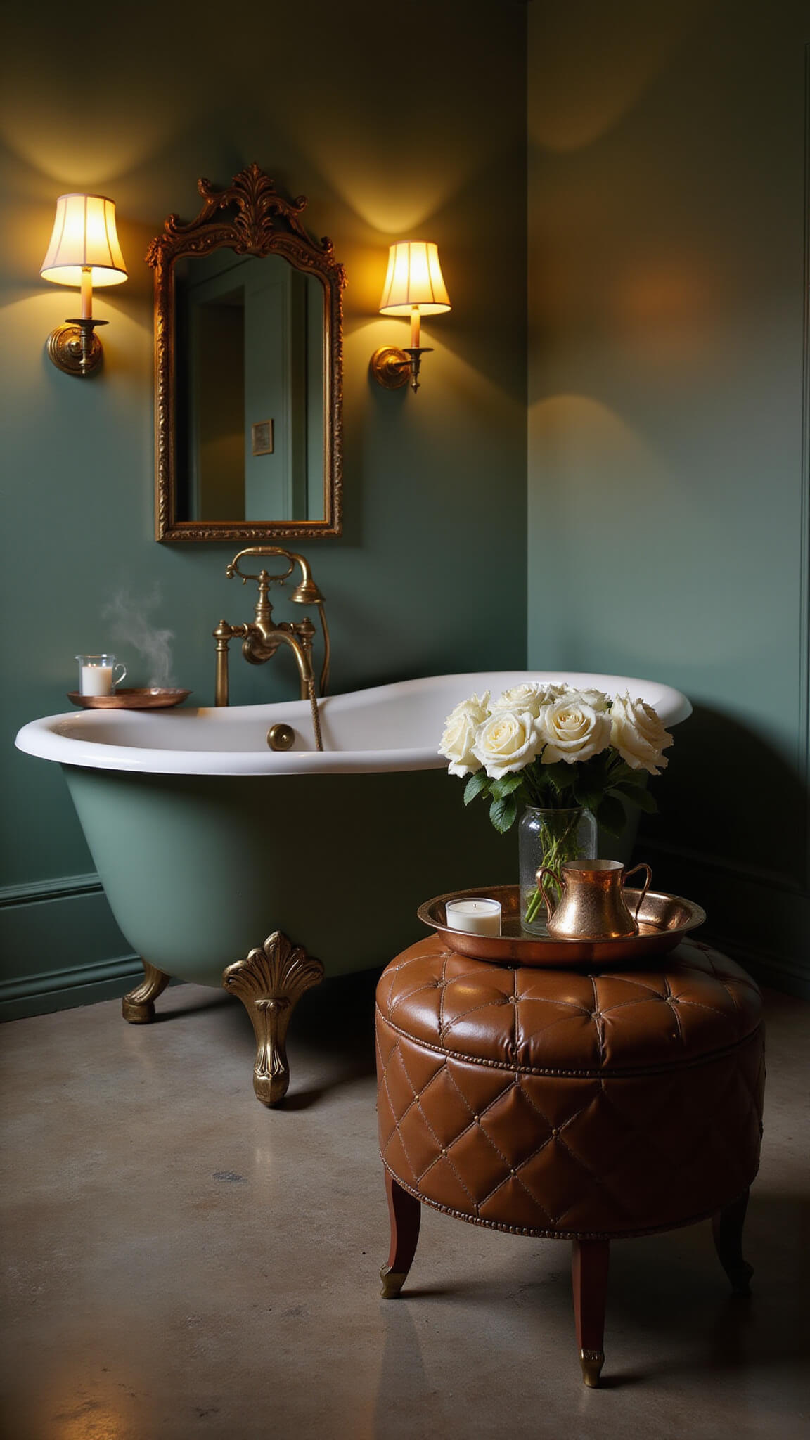 Moody twilight bathroom with claw-foot tub, candlelit brass sconces, sage walls, steam rising, vintage stool with copper bath caddy, and white roses in mercury glass vase.