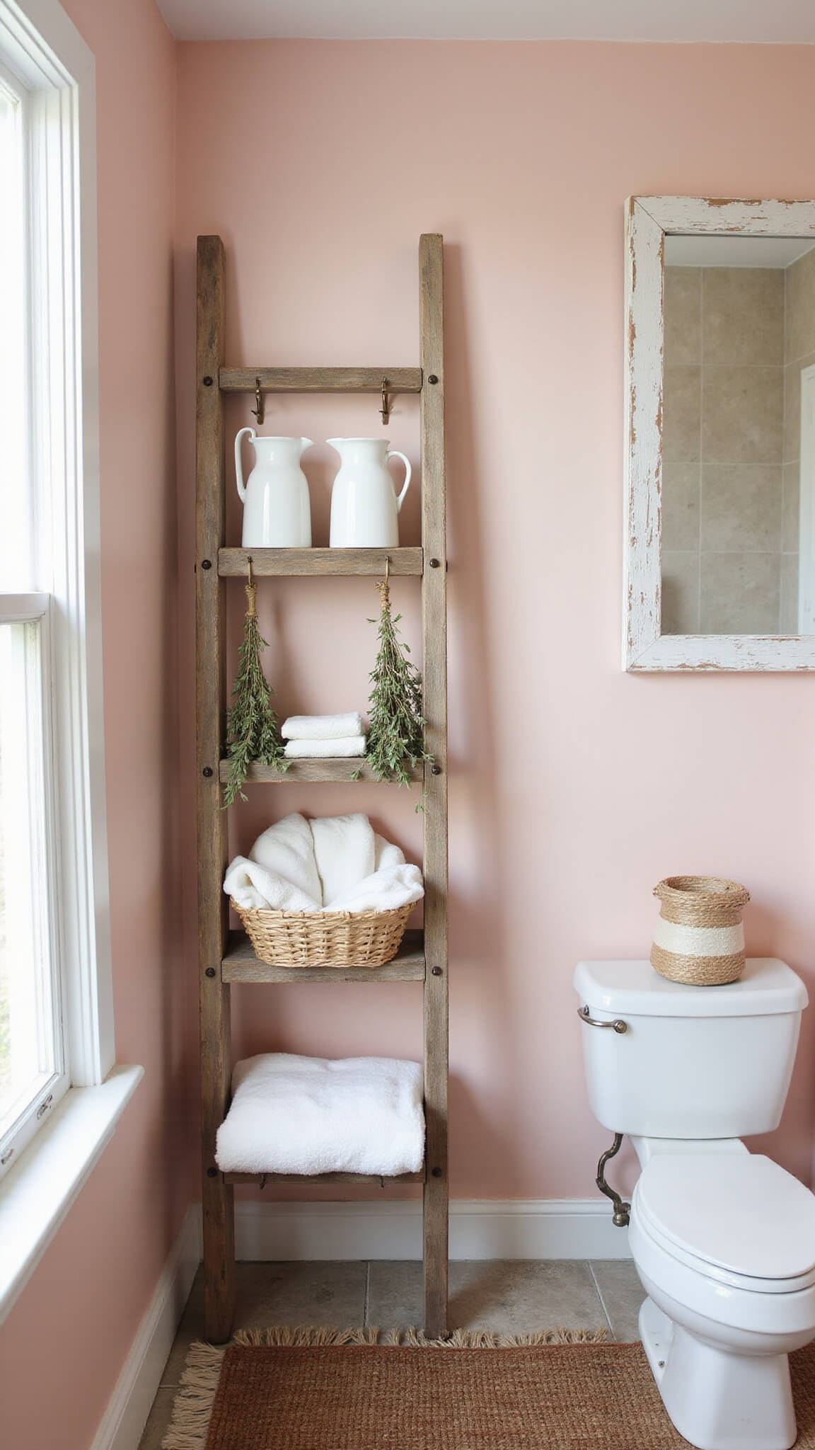 Bathroom corner with wooden ladder shelf, white pitchers, woven baskets, linens, dried herbs on brass hooks, and a weathered mirror reflecting morning light.
