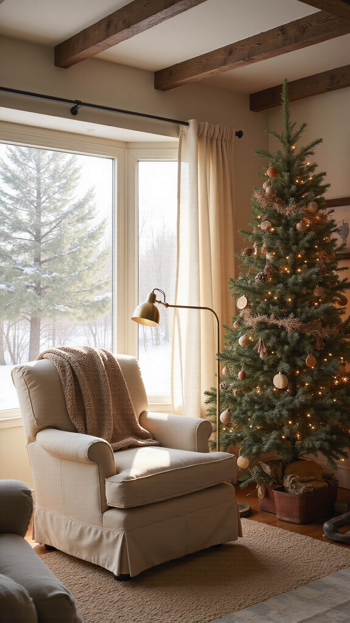 Cozy cottage living room at golden hour with snow-dusted evergreens outside bay window, cream armchair, Christmas tree, pine garland on mantel, and warm natural textures in soft light.