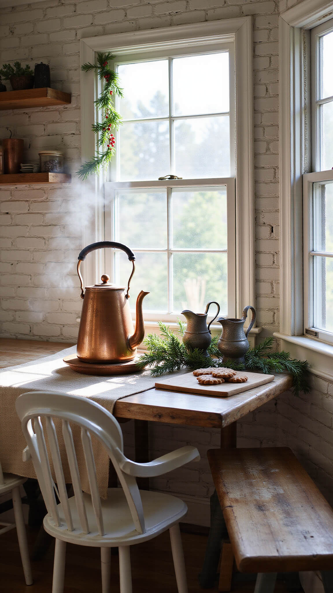 Cozy cottage kitchen nook with farmhouse table, vintage copper kettle steaming by frosted window, and morning light illuminating rustic textures and holiday décor.