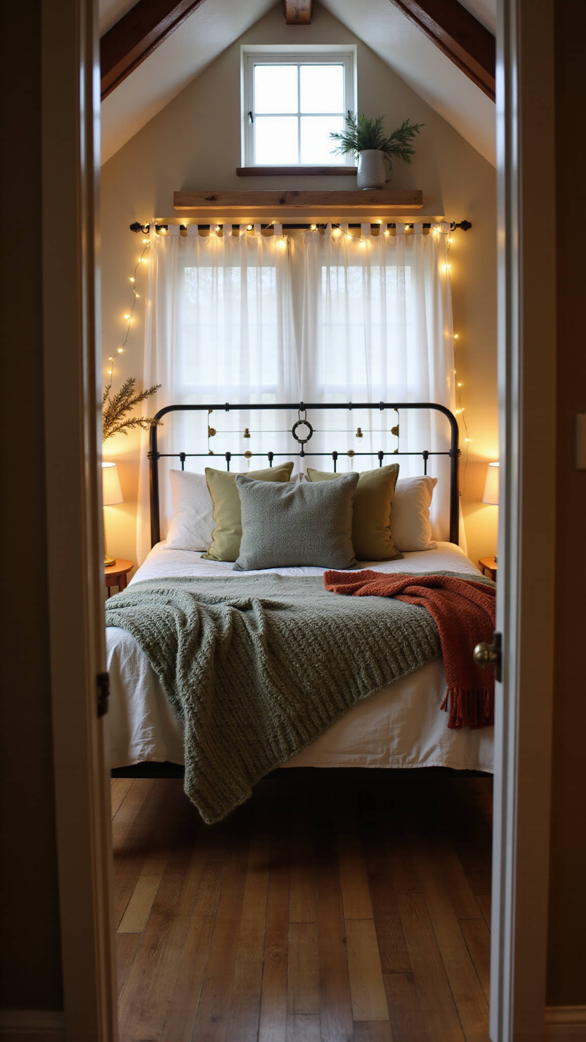 Cozy 12x12ft bedroom with sloped ceiling, exposed beams, and dormer window seat at dusk; iron bed with cream quilt, sage and rust throws; soft glow from brass candlesticks and string lights; herbs and pine in ceramic pitcher; dreamy, textured ambiance.