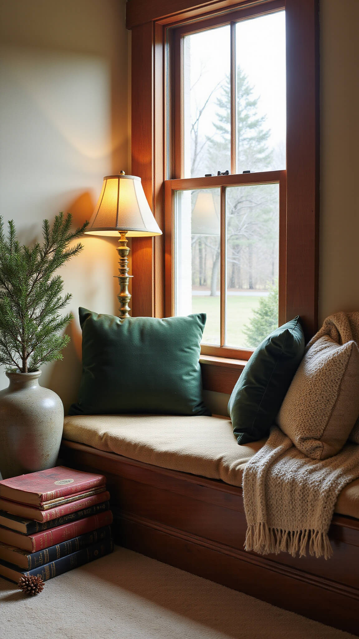Cozy 6x8ft reading nook with green velvet window seat, vintage red books, brass lamp, cream knit throw, and pine branch in ceramic vase, seen from above.