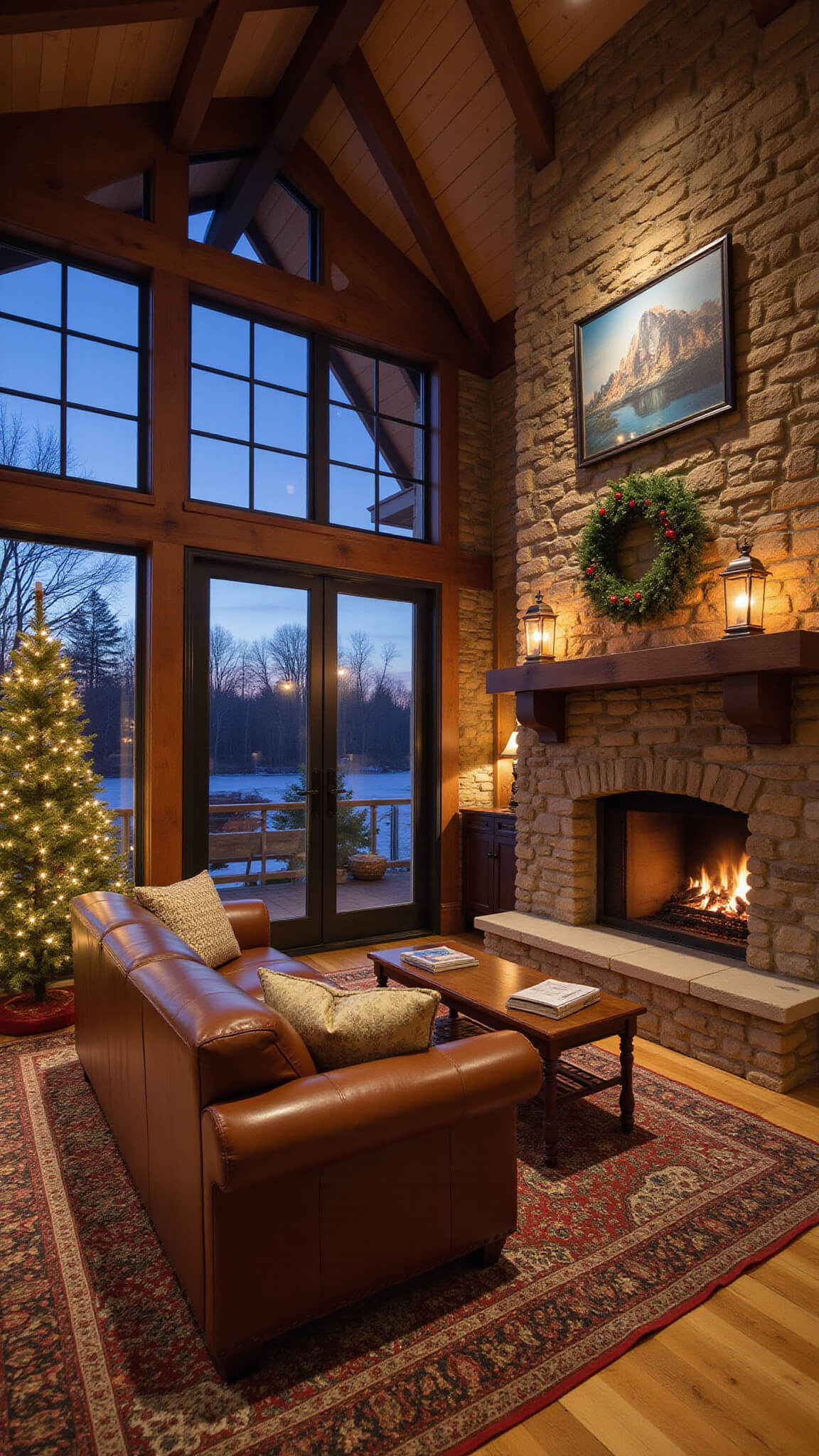 Cozy great room with stone fireplace, glowing fire, timber ceiling, leather Chesterfield sofa, layered vintage rugs, twinkling Christmas tree, and warm copper lanterns.