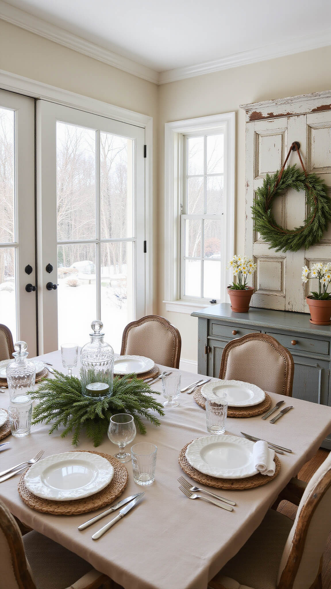 Cozy 10x12ft dining room with farmhouse table set for eight, vintage silverware, pine centerpiece, and afternoon light streaming through French doors to a snowy garden.