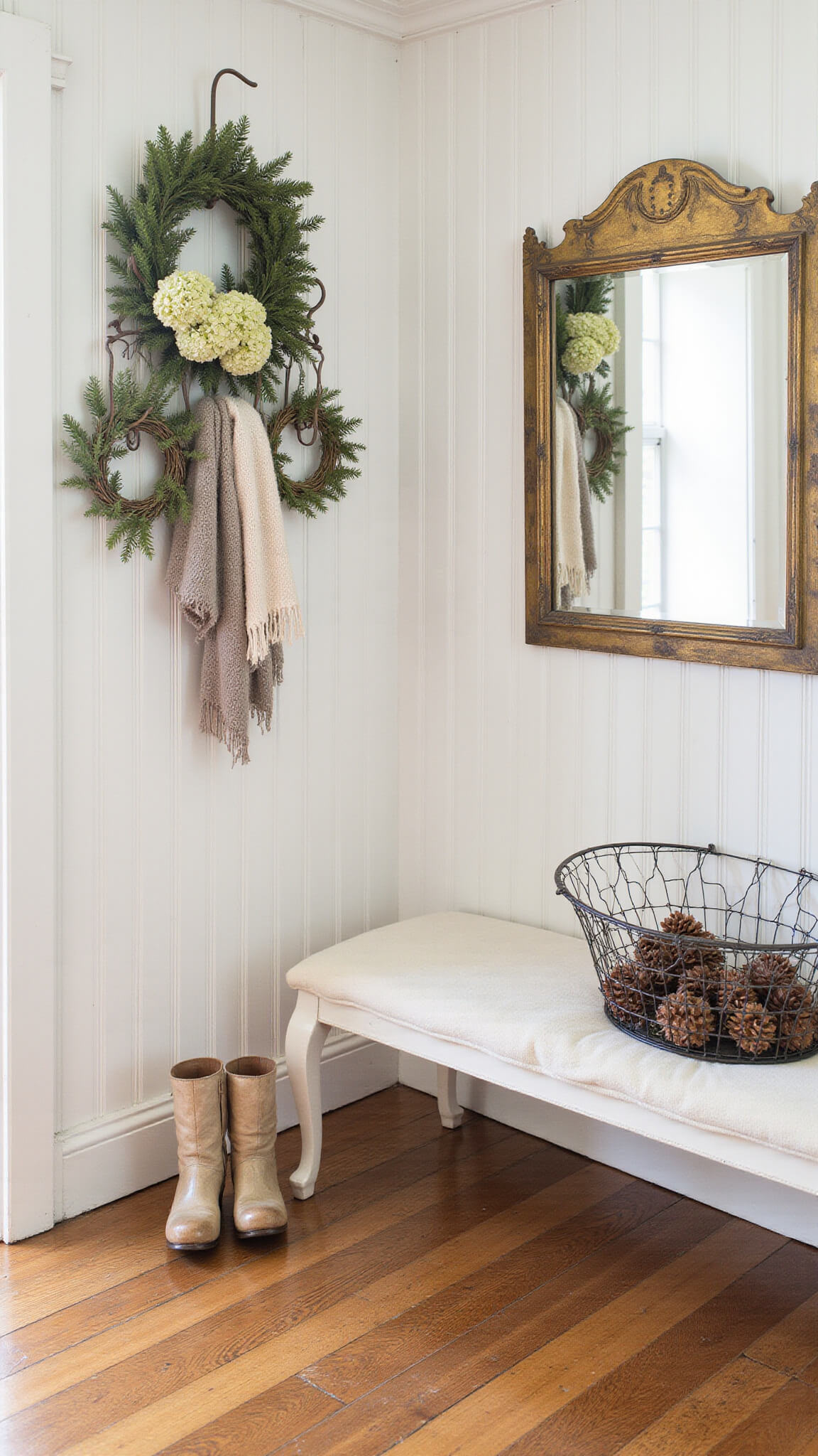 Cozy 8x10ft entryway in morning light with warm white beadboard walls, hardwood floors, vintage coat rack holding scarves and dried wreaths, antique gold mirror, wire basket of ice skates and pinecones on bench.
