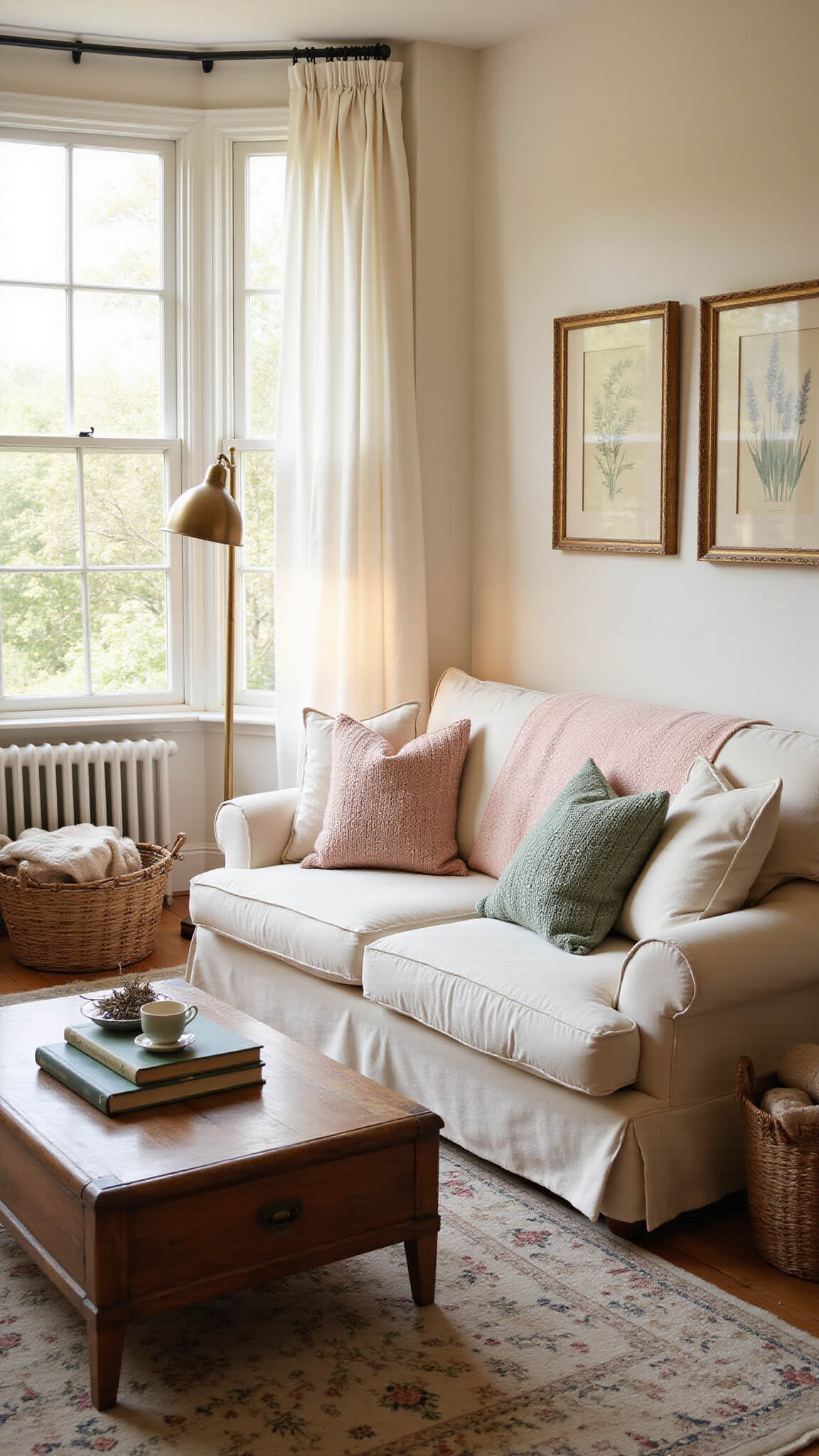 Cozy sunlit cottage living room with bay window, cream sofa, vintage decor, and warm golden hour lighting.